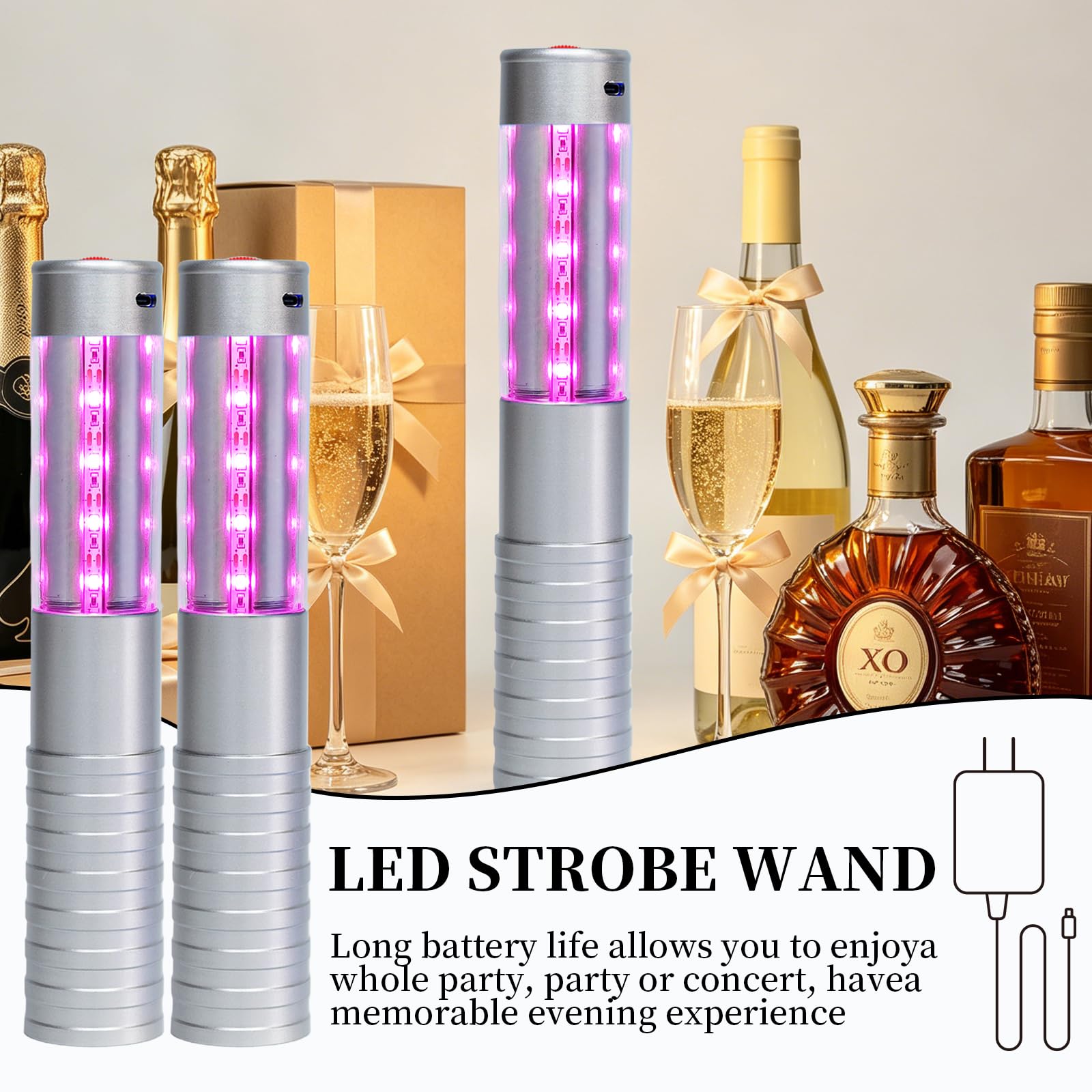 Strobe Bottle Girl Lights LED Bottle Service Lights Baton Reusable Rechargeable Service LED Champagne 2 Pcs for Bar Club Birthday Weddings Parties(Silver,Pink Light)