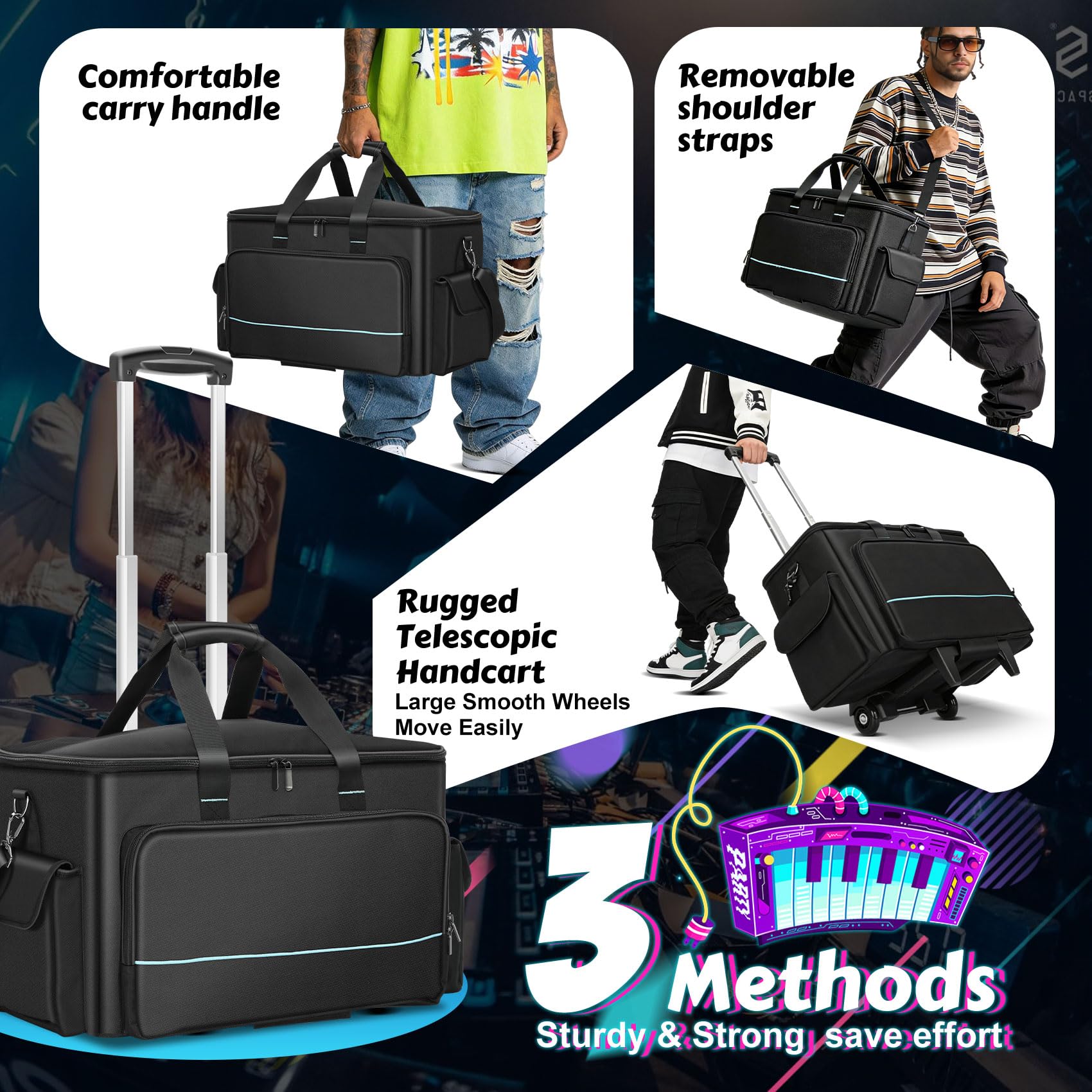 DJ Cable Bag, Rolling DJ Cable Bag with Detachable Trolley & Dividers