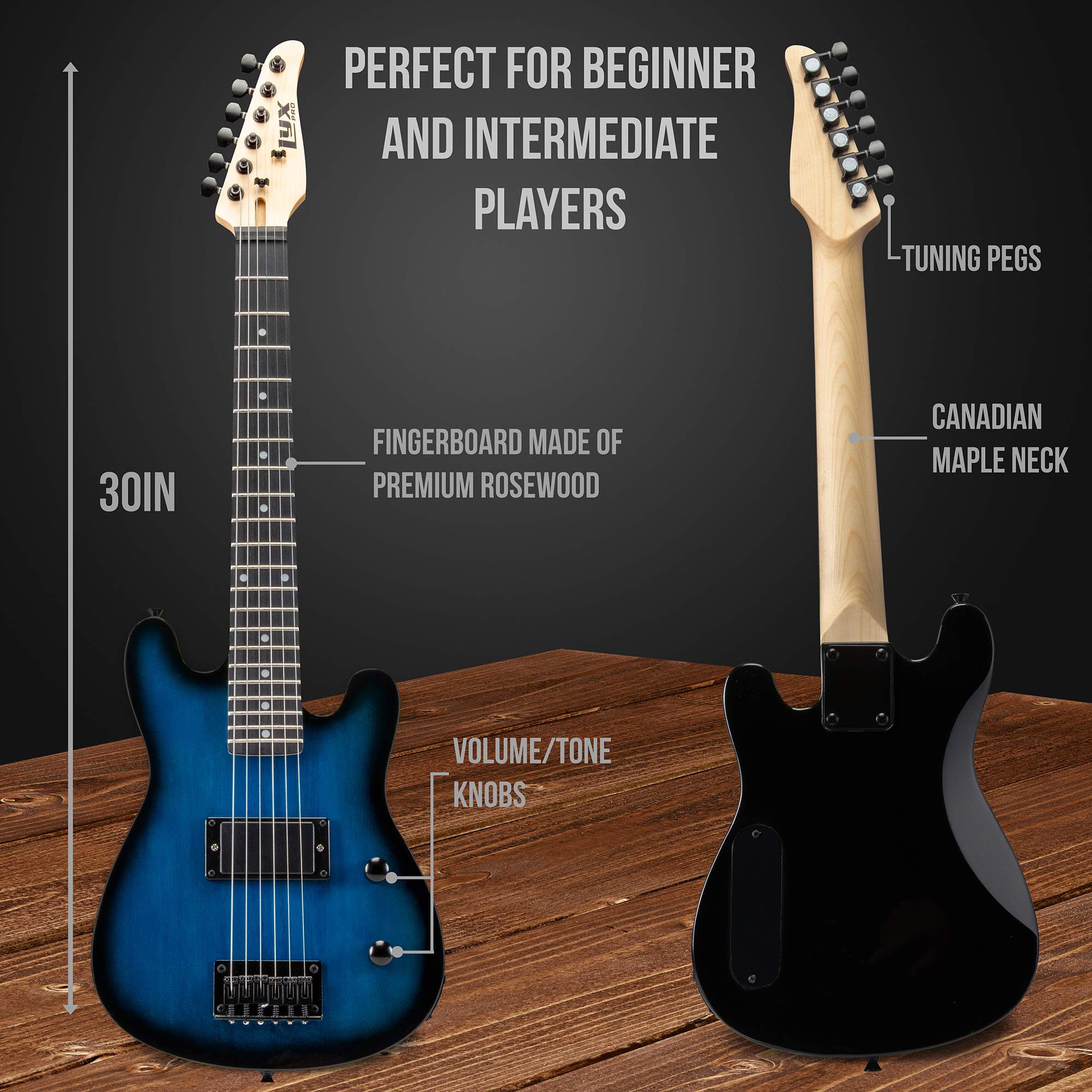 LyxPro 30 Inch Electric Guitar and Starter Kit for Kids with 3/4 Size Beginner’s Guitar, Amp, Six Strings, Two Picks, Shoulder Strap, Digital Clip On Tuner, Guitar Cable and Soft Case Gig Bag – Blue