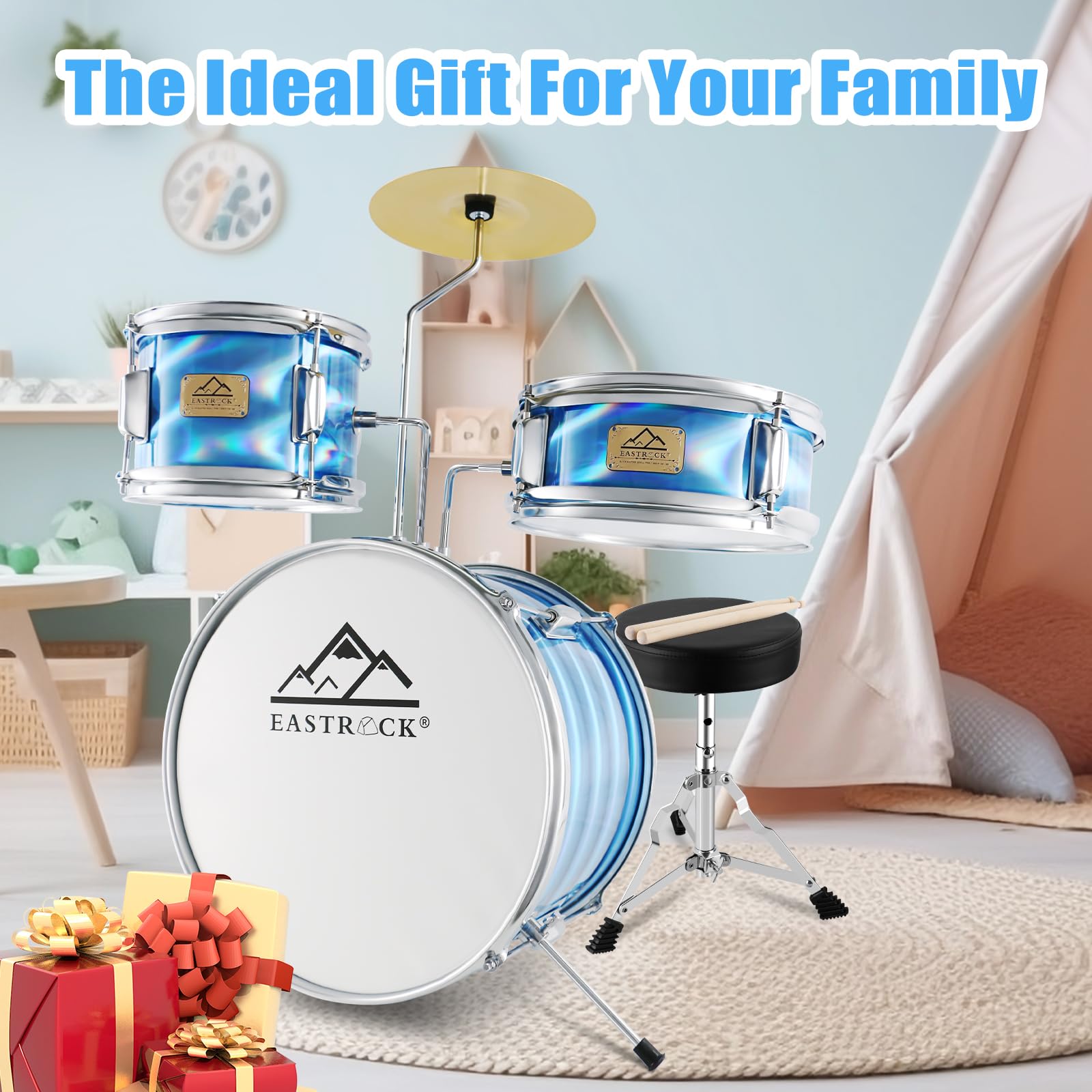 EASTROCK 3 Piece 14” Junior Drum sets for Drummer,Flash Blue