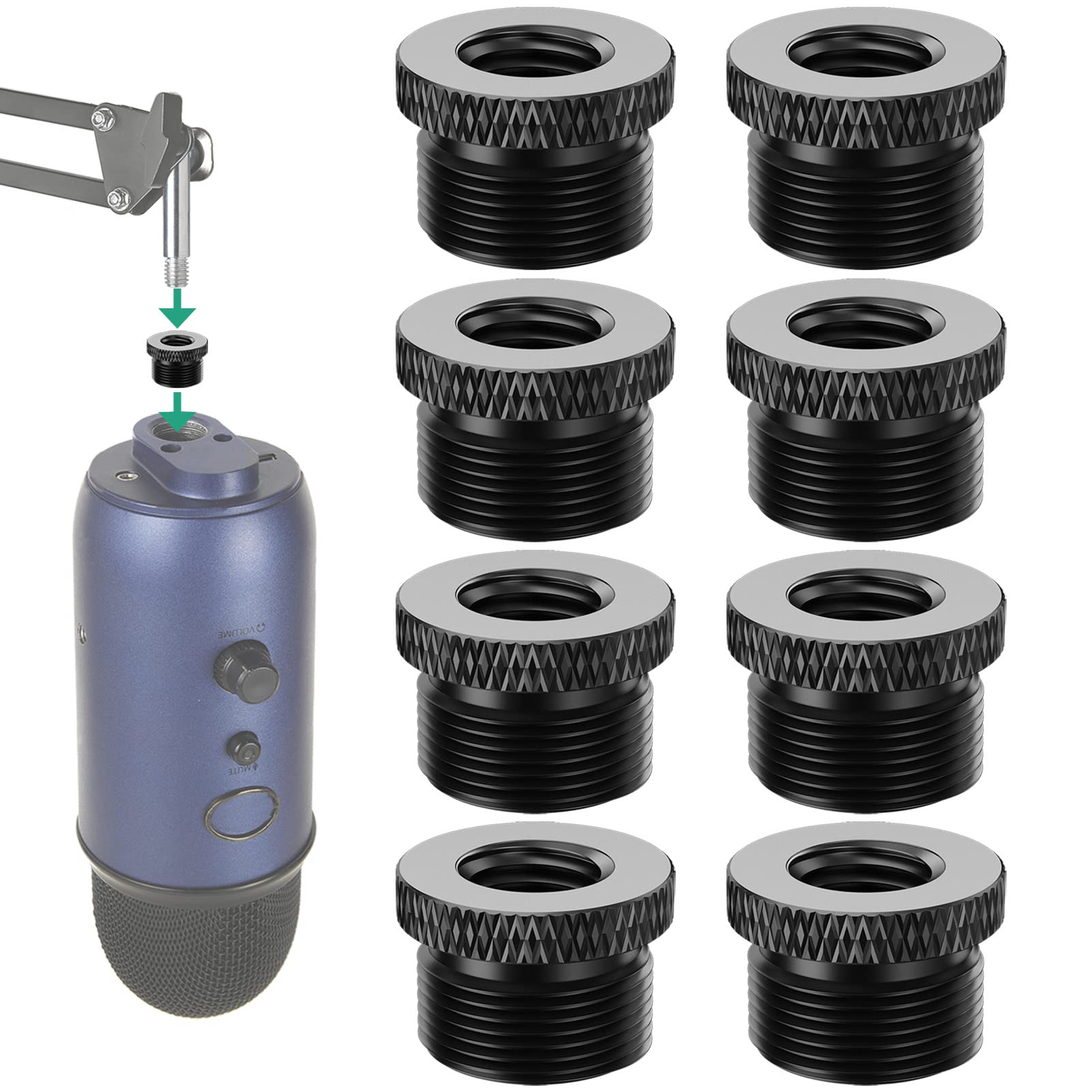 Rigych Blue Yeti Mic Screw Adapter 5/8 Male to 3/8 Female, Metal Screw Thread Adapter for Blue Yeti X/Blue Yeti/Snowball Mic Boom Arm Stand, 8 Pcs (Black)