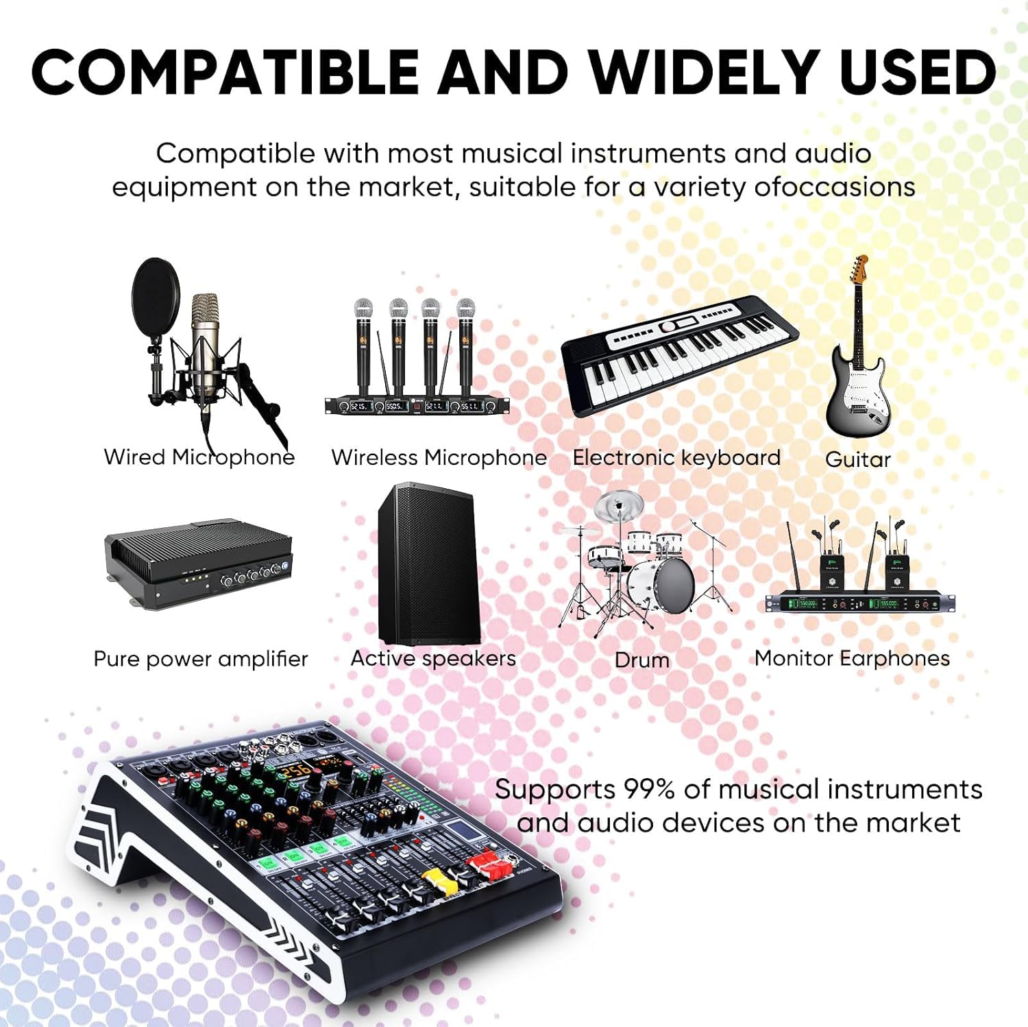 W IN-MIX 4 Channel Audio Mixer with Bluetooth, USB MP3 Player, 48V Phantom Power for Studio Recording, Live Performance, Karaoke, Podcast