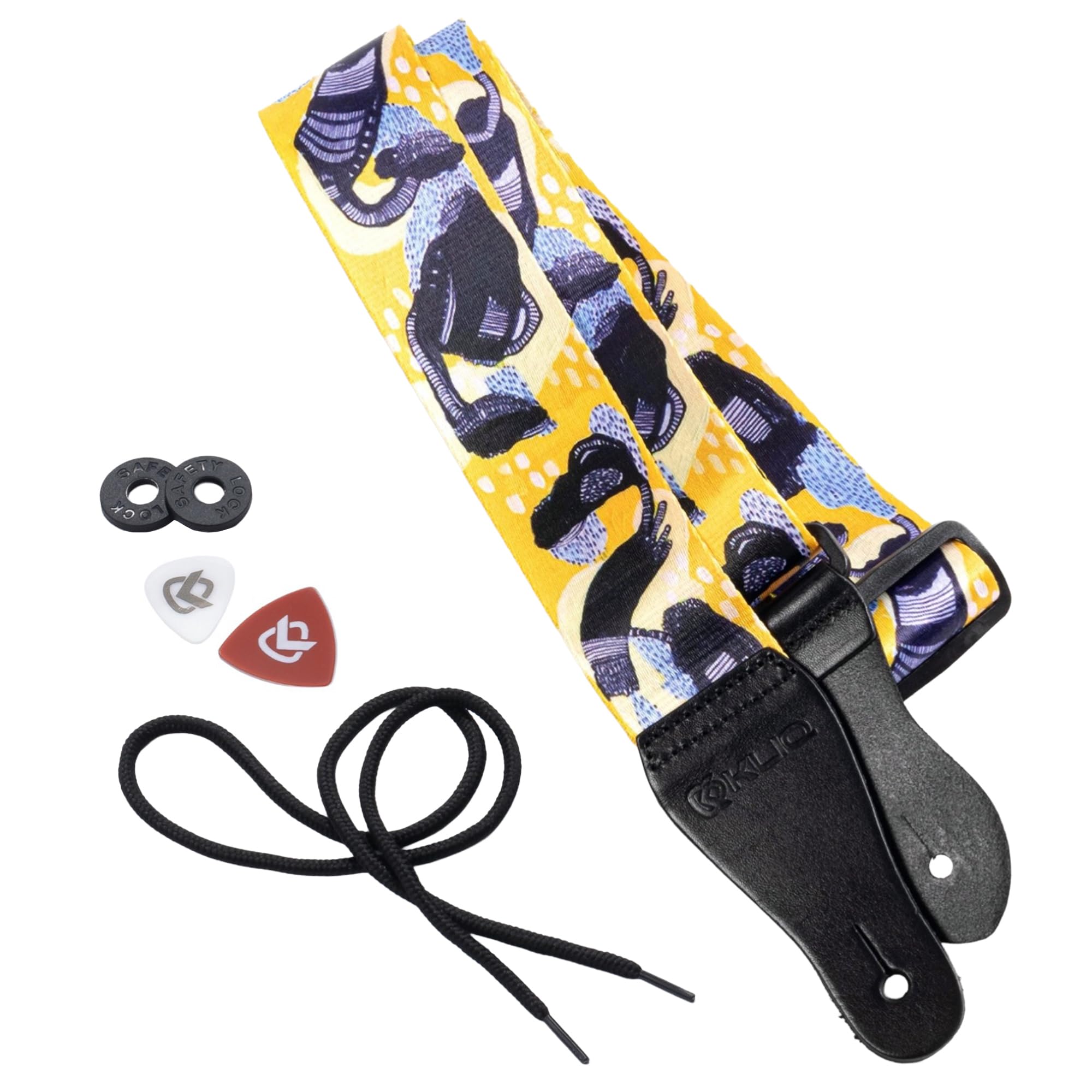 Mouse over image to zoom in KLIQ Vintage Woven Guitar Strap for Acoustic and Electric Guitar | 2 Rubber Strap Locks Included (Artist Sublimated Yellow Rain)