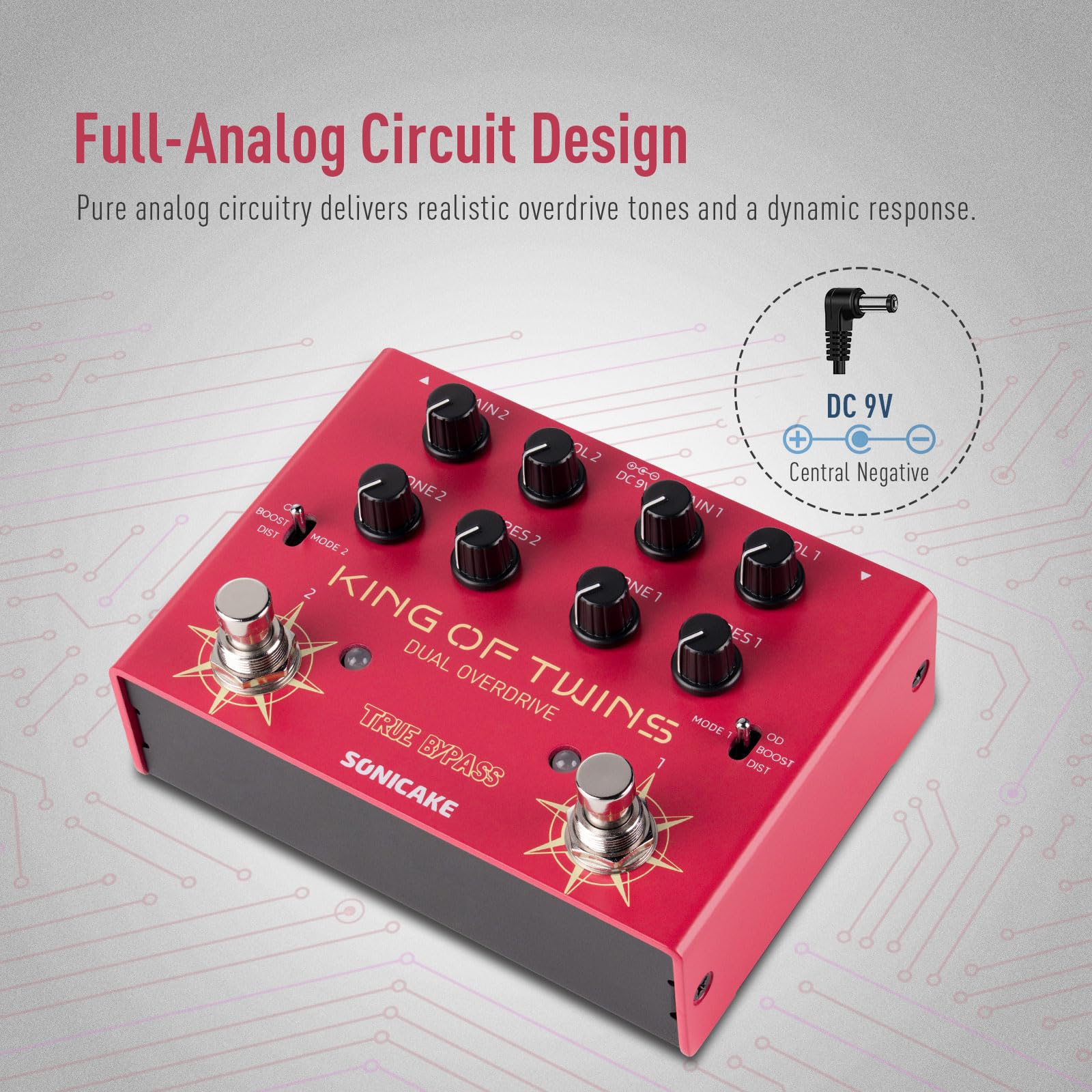 SONICAKE Overdrive Guitar Pedal, Dual Channel 3 Mode – King of Twins QDS-08
