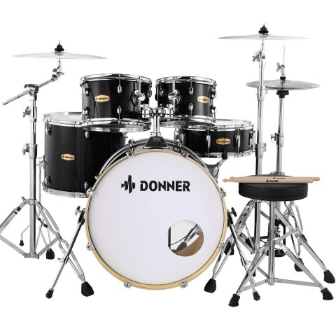 Donner Drum Set Adult 5-Piece with Practice Mute Pad, 22 inch Full-Size Acoustic Drum Kit Transparent Acrylic high-end, Red-DDS-1000p