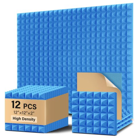 Pyramid Sound Proof Foam Panels 12 Pack, Bwaliffury High Density Self-Adhesive Sound Absorbing, 12″ X 12″ X 2″ Fire Resistant Acoustic Foam Panels, Sound Panels, Studio Foam for Wall, Ceiling (Blue)