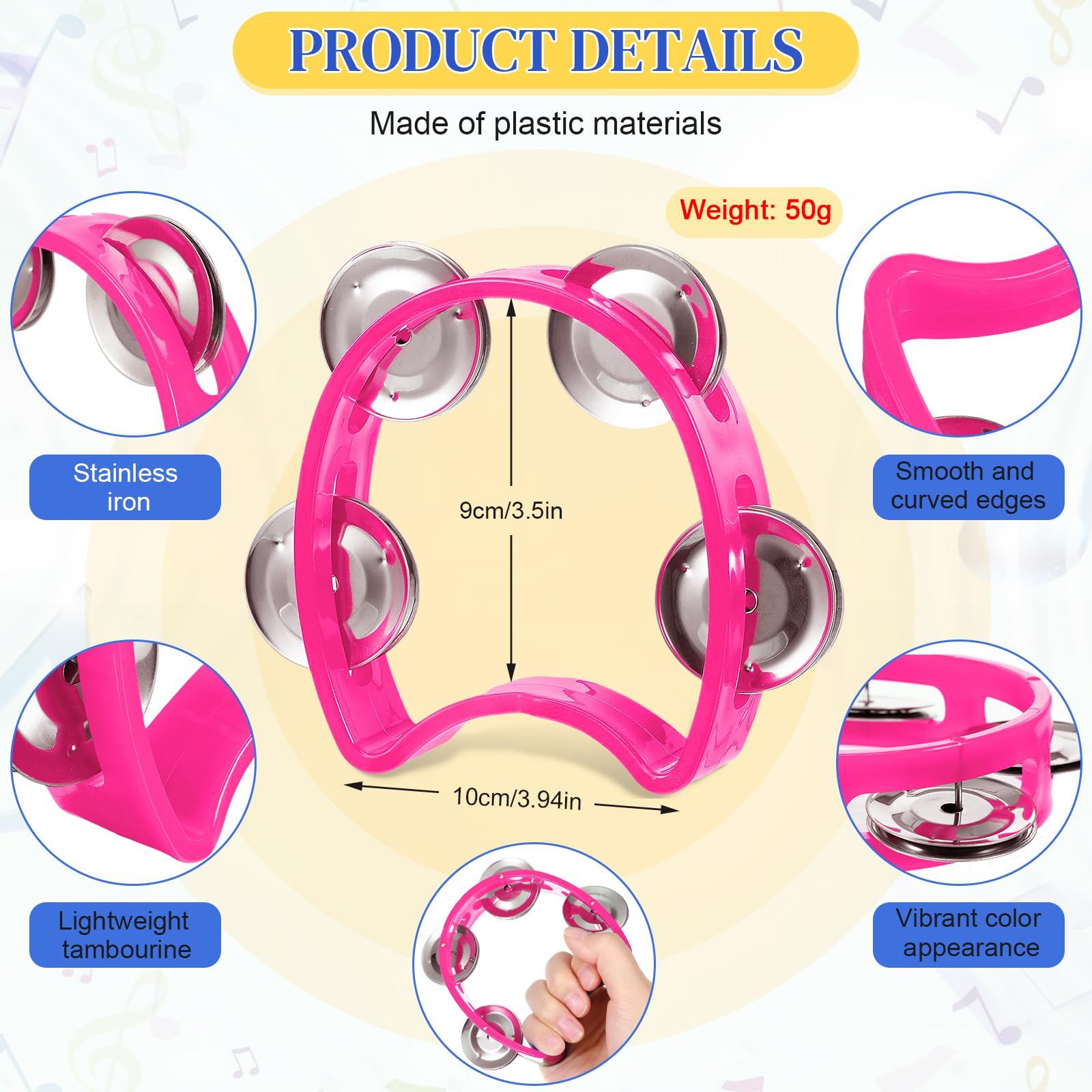 Lukmaa 12 Pcs Tambourine for Kids 4 Bells Handheld Percussion, Pink