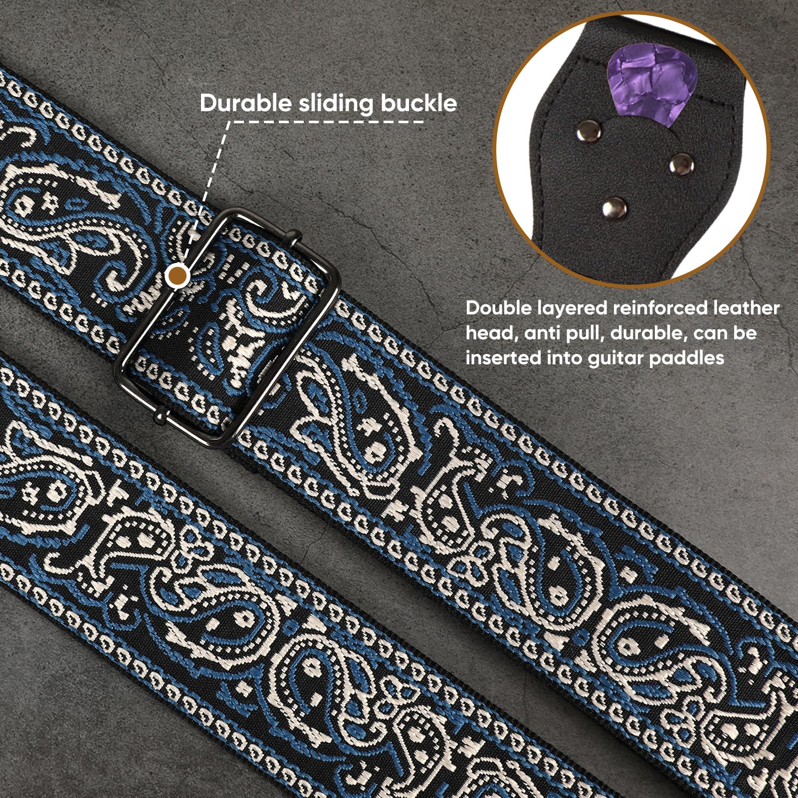 JIPIS Guitar Strap,Jacquard Embroidered Cotton Guitar Straps with Real Leather Ends for Acoustic Guitars (GS-08-2 Blue Grey Embroidery)