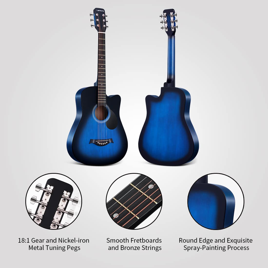 Lankro 38 inch Guitar Blue Acoustic Guitar Beginner kit Adult Cutaway Acoustic Guitar Guitarras Starter Set Bundle with Padded Gig Bag, Strap, Capo, Strings, Picks