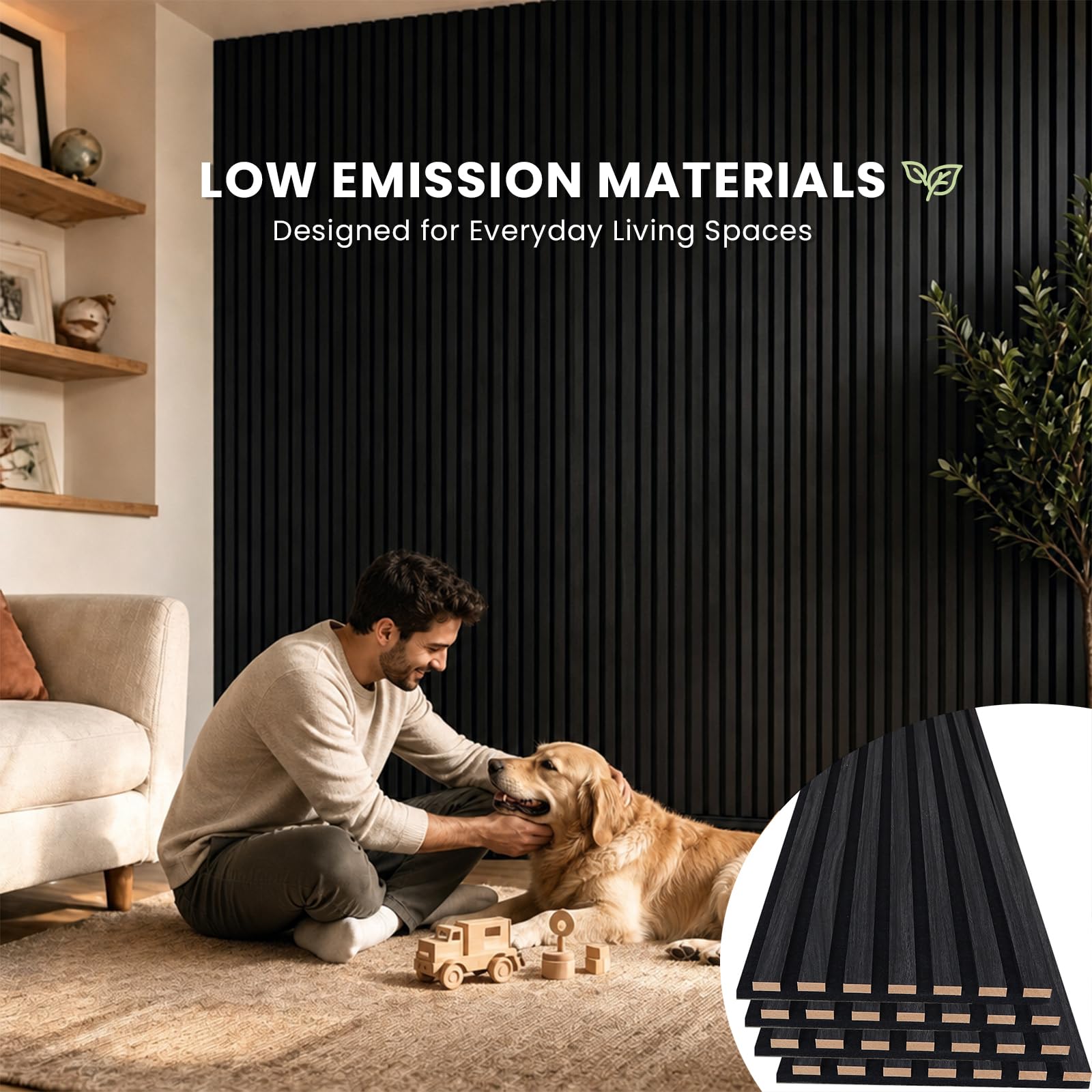 Wood Slat Wall Panels – 4 Pack 93.7″ × 11″ – Acoustic Panels Noise Reduction for Home Office Studio, 3D Fluted Sound Dampening Absorbing Panels, Matte Black