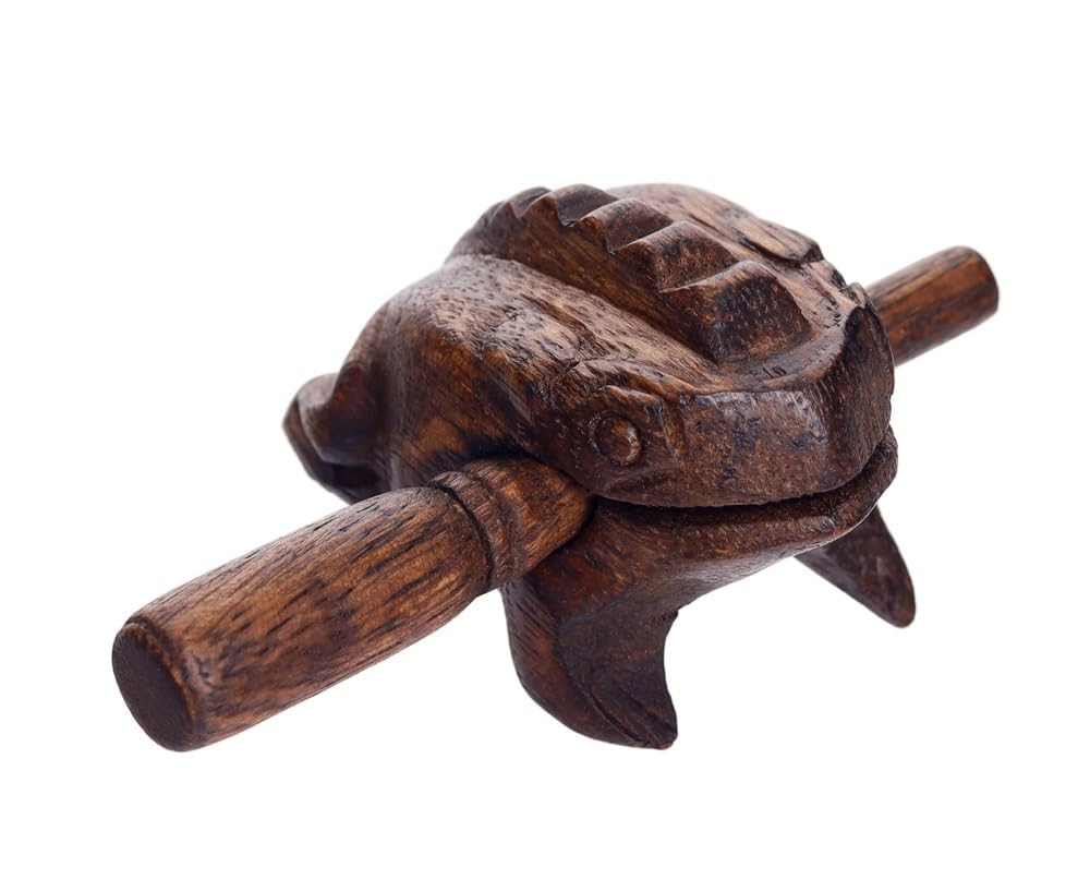 2.75 Inch Dark Brown Wooden Frog Guiro Percussion Instrument with Scraper Stick, Hand Carved Wood Frog Noise Maker for Music Education, Classroom, Meditation.