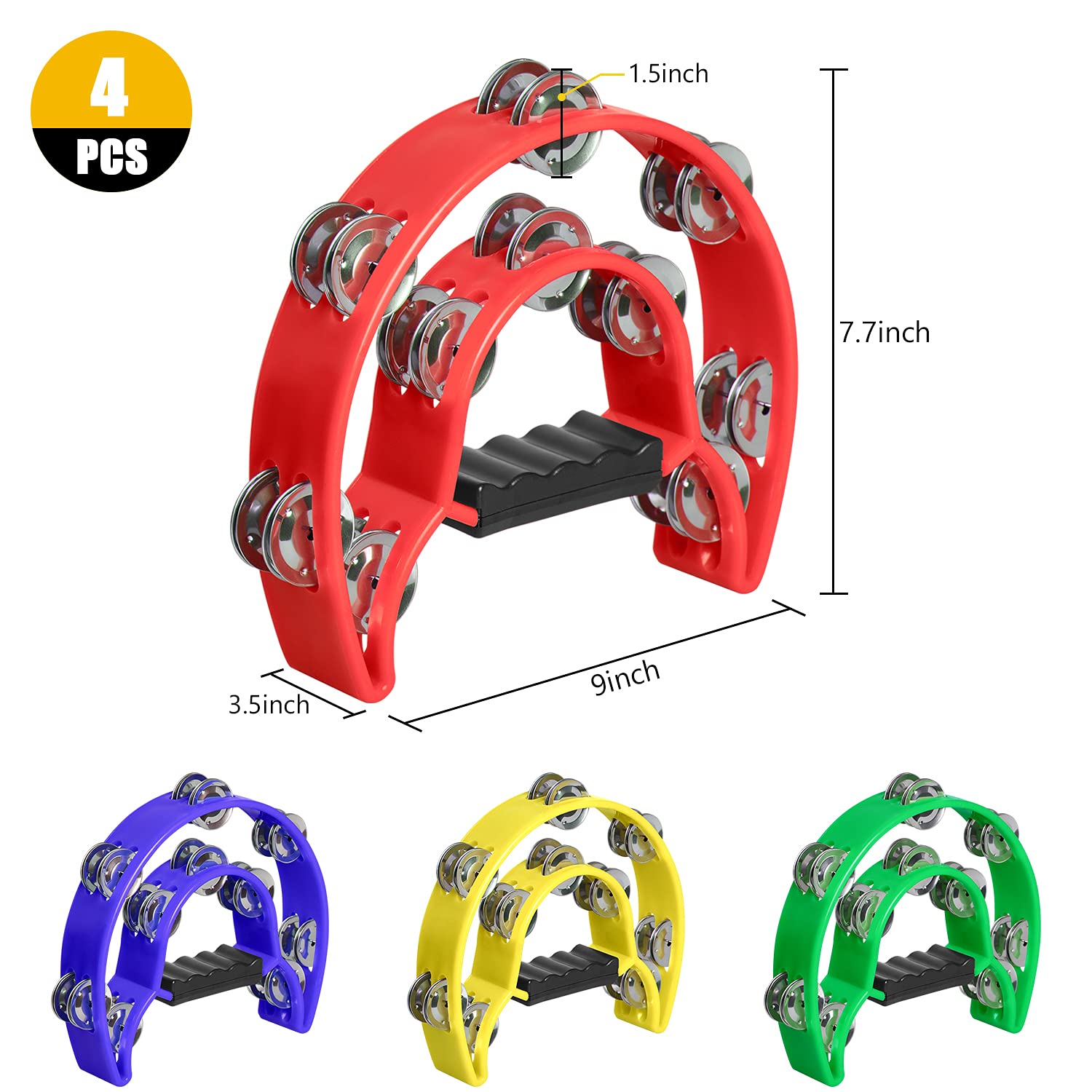 YEUIKERR 4 Pack 9 inch Half Moon Tambourines for Adults Church, Multicolor
