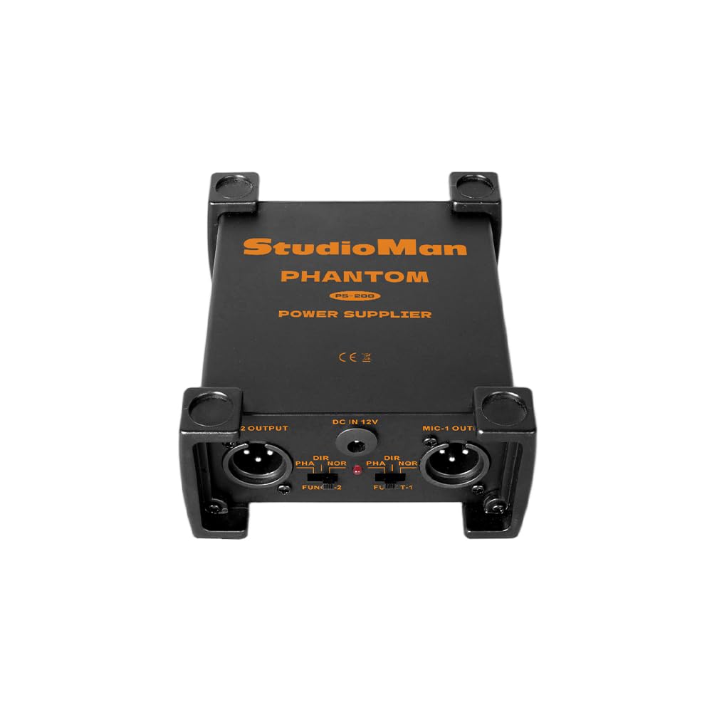 StudioMan PS200 Professional 2-Channel Phantom Power Supply, Black, Dual XLR Input/Output, 12V/24V/48V Switchable Power