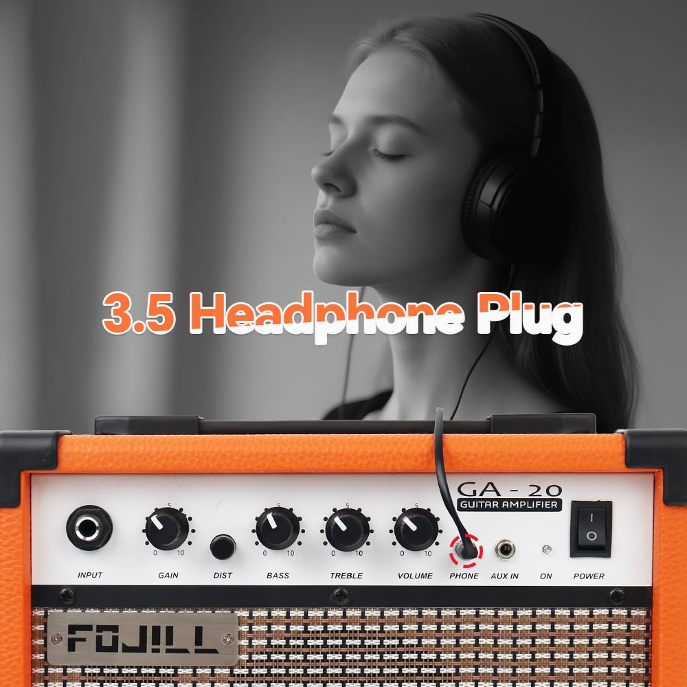 Fojill 20W Watt Electric Guitar Amplifier Amp Practice Small Portable Travel Mini Amp with 3.5 Headphone Jack Aux Distortion Gain Treble Bass Volume (Orange, 20W)