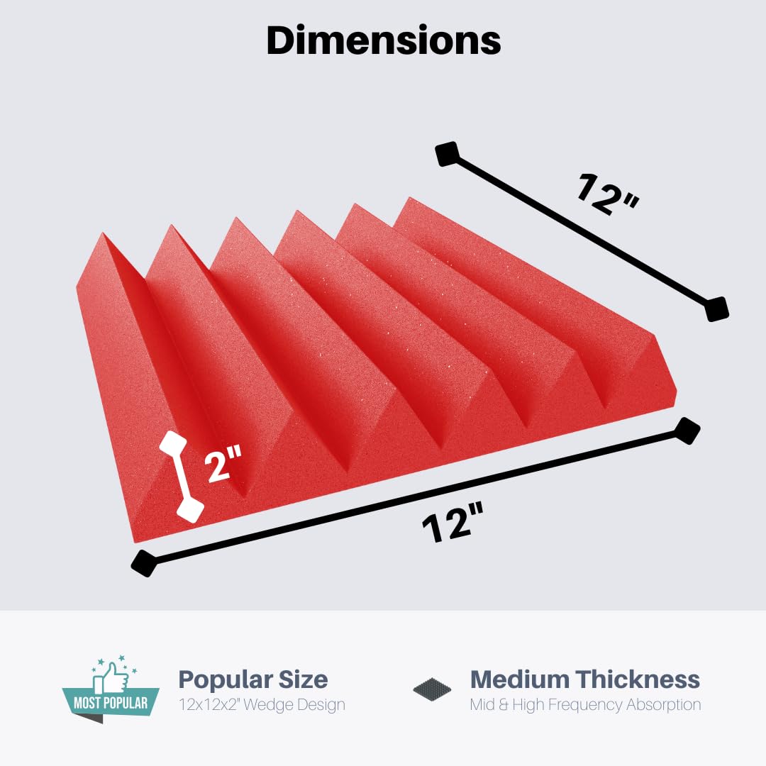 Soundproofing Acoustic Studio Foam – Red Color – Wedge Style Panels 12”x12”x2” Tiles – 4 Pack