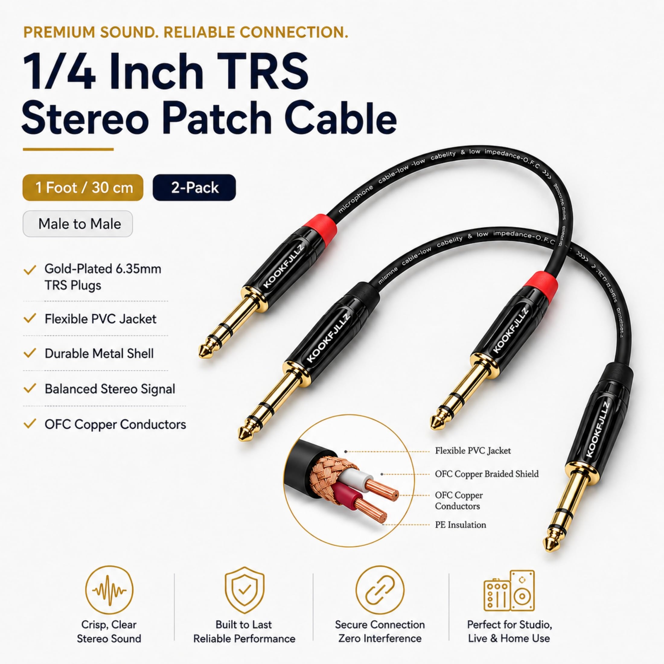 KOOKFJLLZ 1/4 Inch TRS Balanced Cable 1 Foot (2-Pack) Male to Male – 20AWG OFC Professional Audio Patch Cable with 24K Gold-Plated Connectors for Studio Monitor, Audio Interface, DJ Mixer, Amplifier