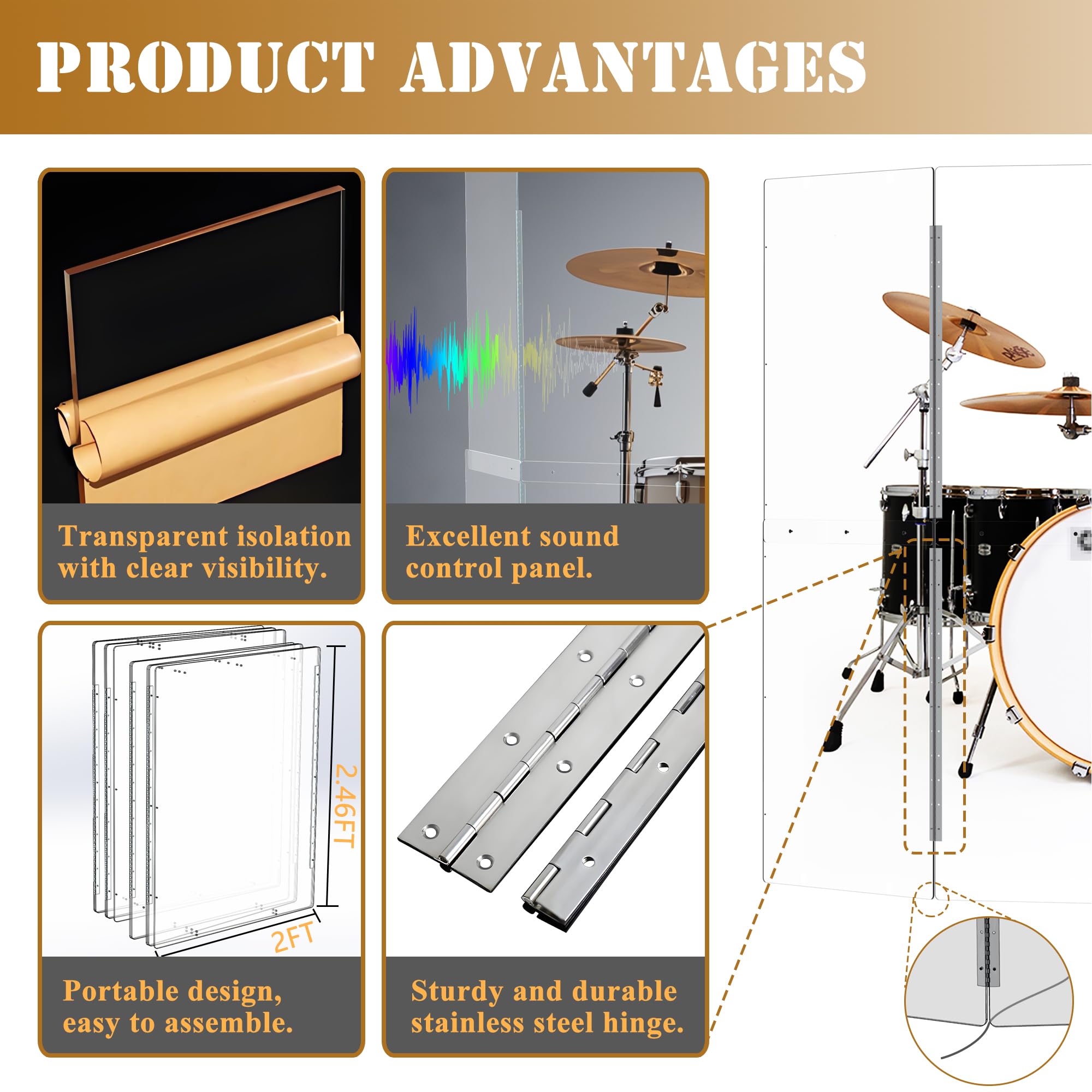 Portable Drum Shield | 6 Panels 2ft x 5ft | Factory-Installed Full-Length Stainless Steel Hinges | Acrylic Drum Sound Barrier | Cage for Church (6 Panels)