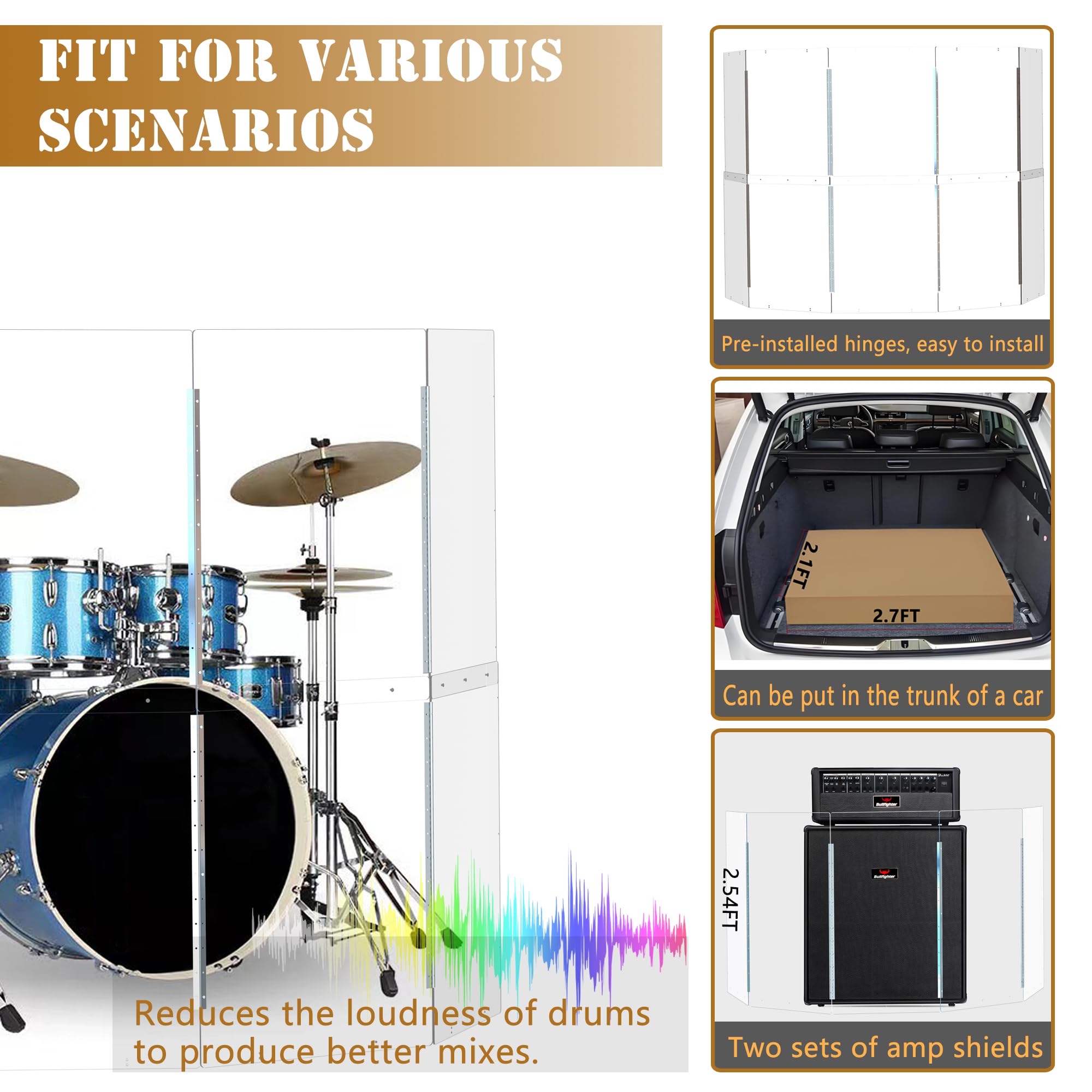 Portable Drum Shield | 3 Panels 2ft x 5ft | Factory-Installed Full-Length Stainless Steel Hinges | Acrylic Drum Sound Barrier | Cage for Church (3 Panels)