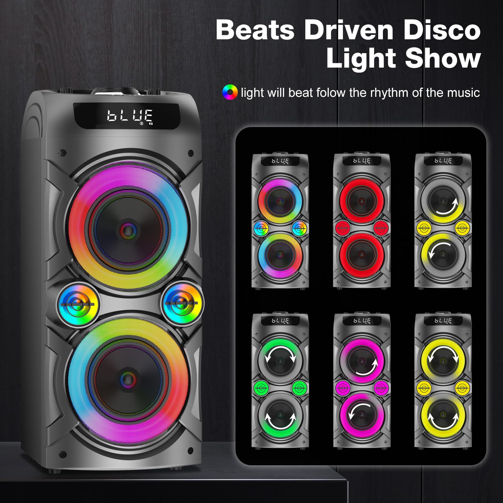 TYOTY Karaoke Machine with 2 Wireless Microphones, Portable PA System Big Bluetooth Speaker with LED Lights, Remote Control Support Bass/Treble Adjustment, TF Card/USB, REC for Adult Kids Home Party