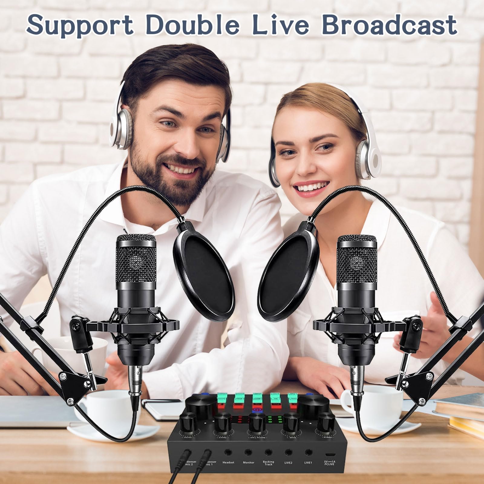 ALPOWL Podcast Equipment Bundle for 2, Audio Interface with Cardioid Designer BM800 Mic for Gamer and All-in-One DJ Mixer, Perfect for Live Streaming, Singing, YouTube, Gaming