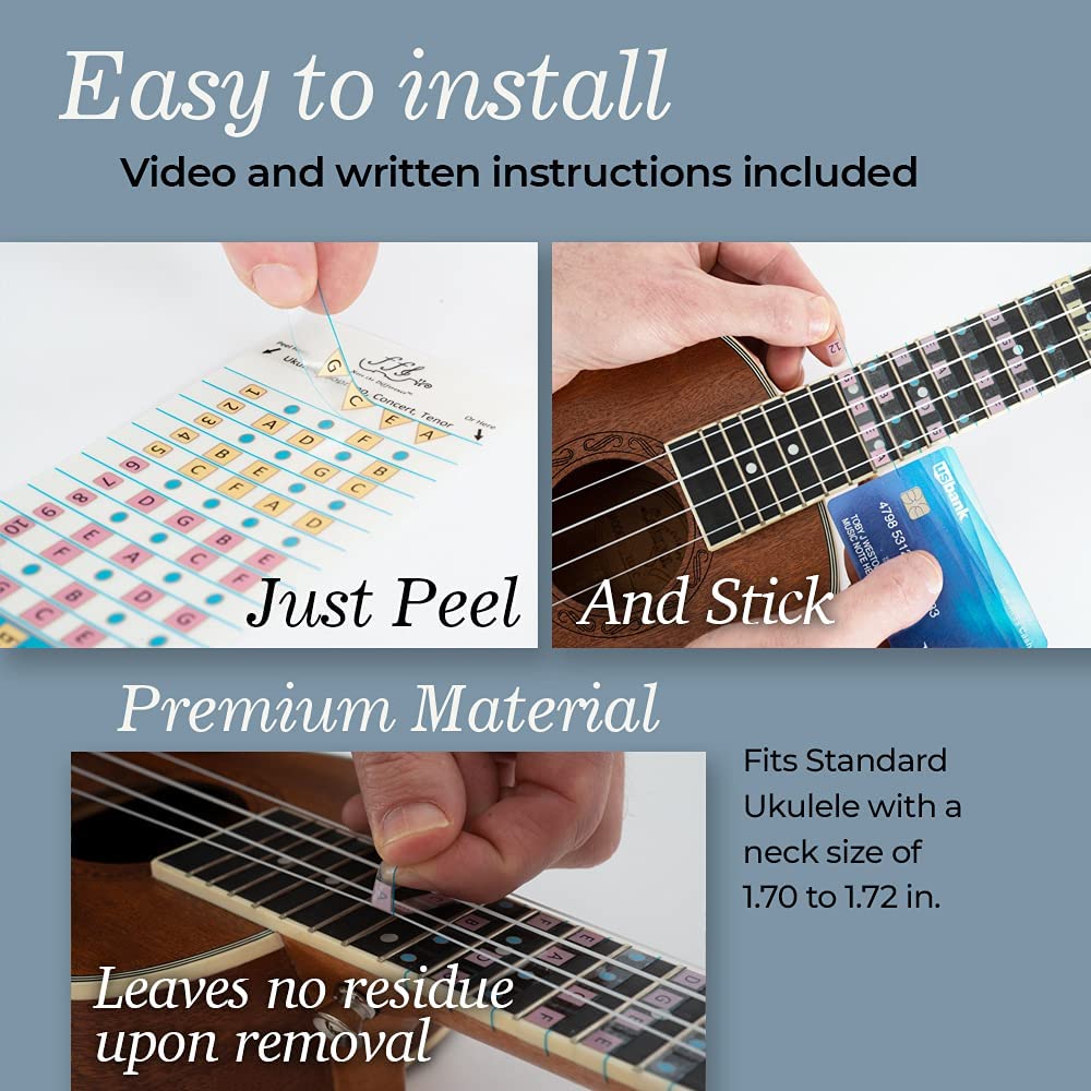 Fantastic Finger Guide for Ukulele – Fretboard & Fingerboard Stickers for Soprano, Concert & Tenor – Learn to Play, Frets 1–12 – Ukulele Learning Accessory