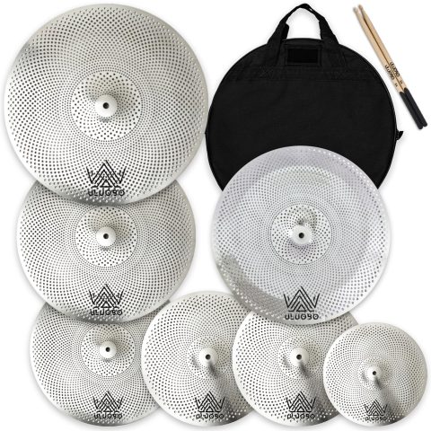 ULUOBO Low Volume Cymbal Pack 7 Pieces, Silent Cymbals, Quiet Cymbals Set for Drummer Practice, 10”Splash+14”Hihat+16″Crash+18”Crash+18”China+20″Ride, Silver