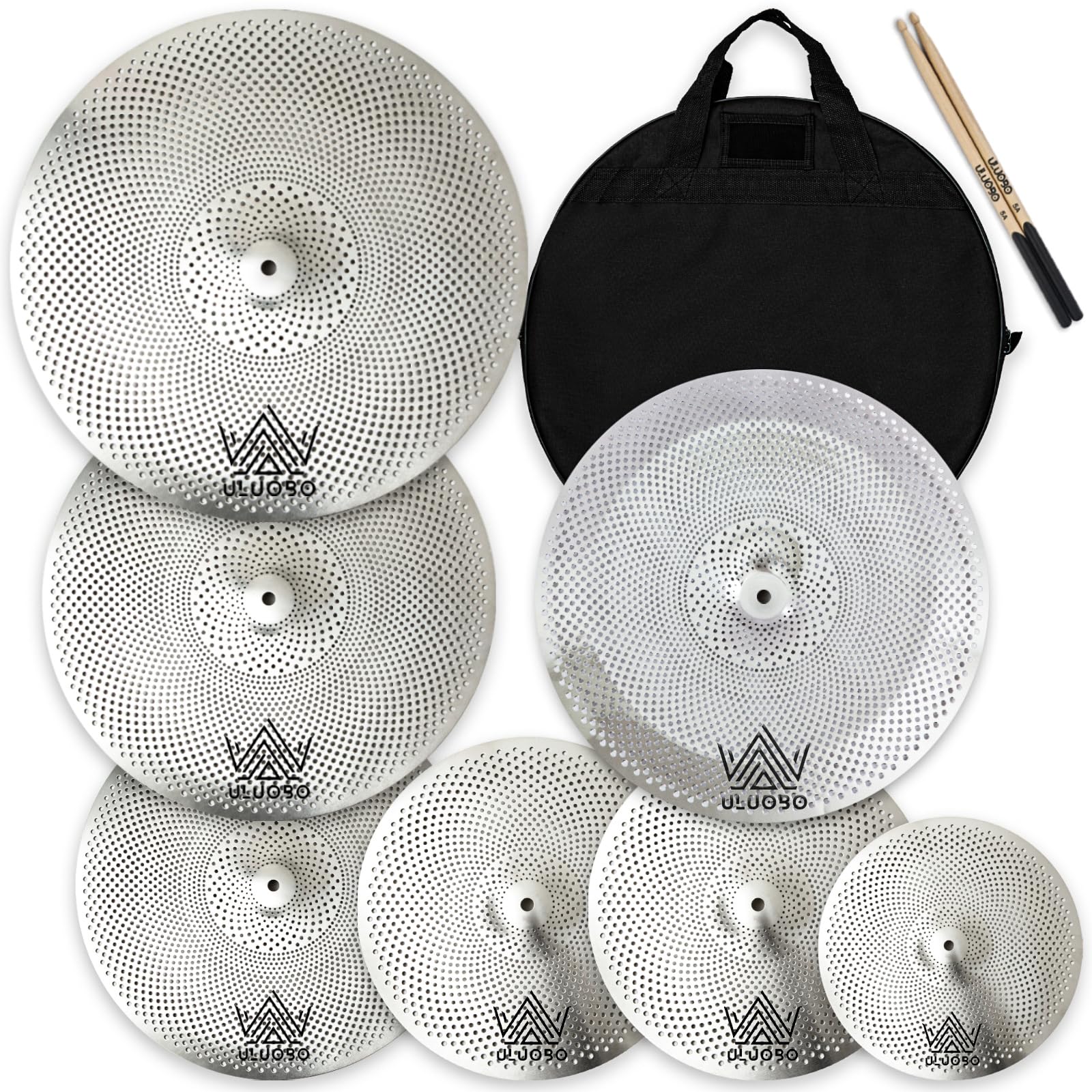 ULUOBO Low Volume Cymbal Pack 7 Pieces, Silent Cymbals, Quiet Cymbals Set for Drummer Practice, 10”Splash+14”Hihat+16″Crash+18”Crash+18”China+20″Ride, Silver