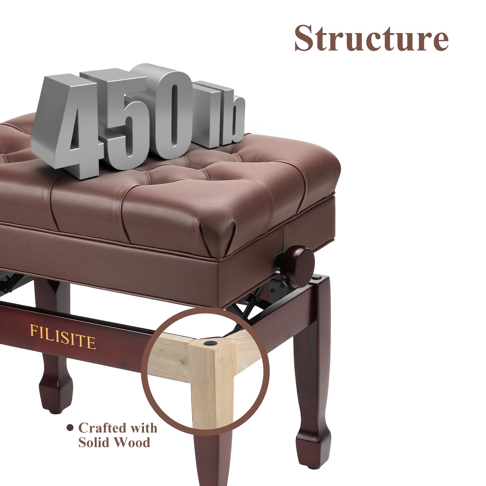 FILISITE Adjustable Height Piano Bench with Storage, Heavy Duty Solid Wood Piano Stool Keyboard Bench with PU Leather Padded Cushion(Brown)
