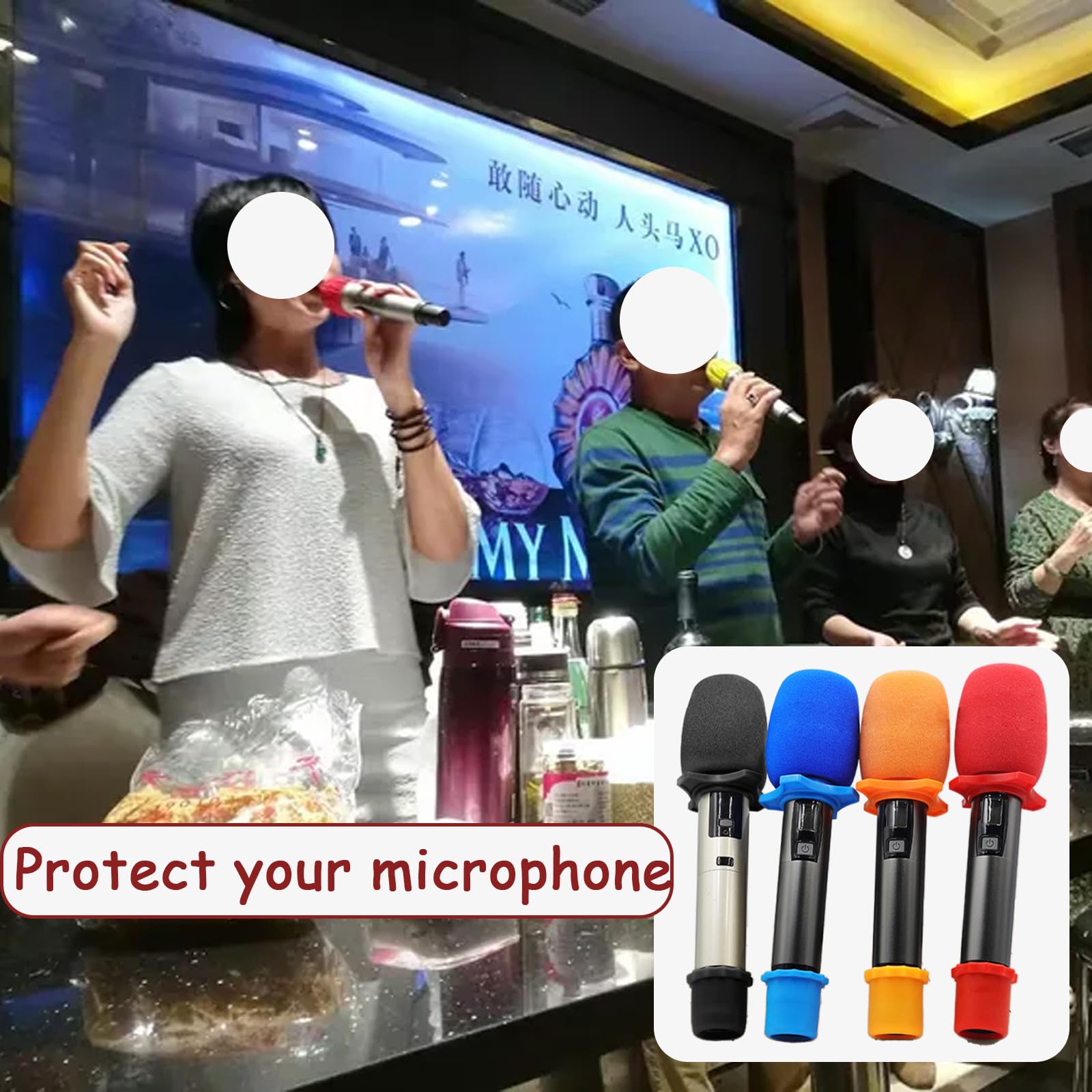 Cheerock 4 Set Orange Wireless Handheld Microphone Protection Kit – Shakeproof Anti-Rolling Silicone Ring, Bottom Rod Sleeve Holder, Windscreen Foam Cover for KTV Mic Device