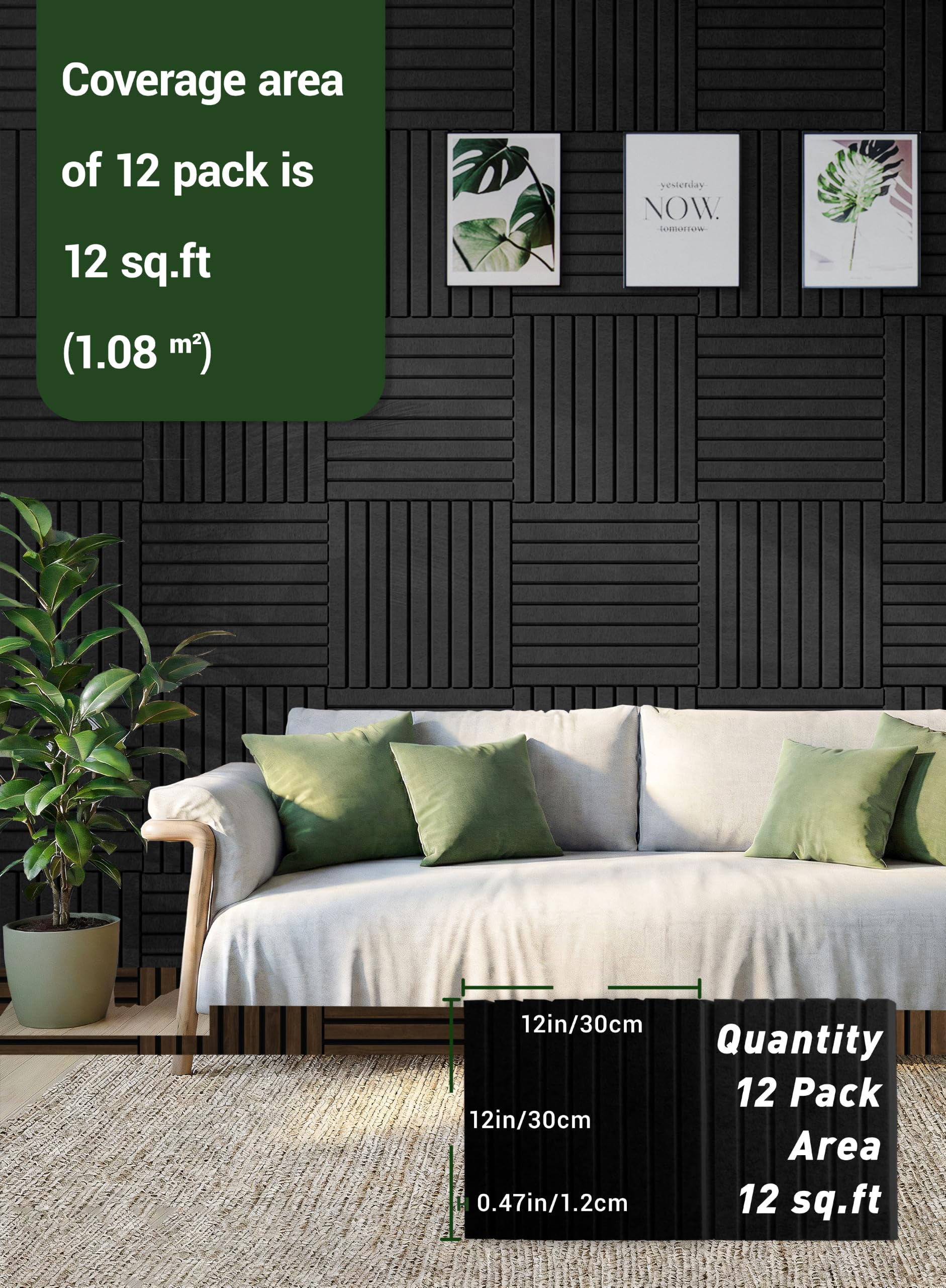 Waister Soundproof Wall Panels, 12‑Pack, 0.47 Inch Thick High Density-Black