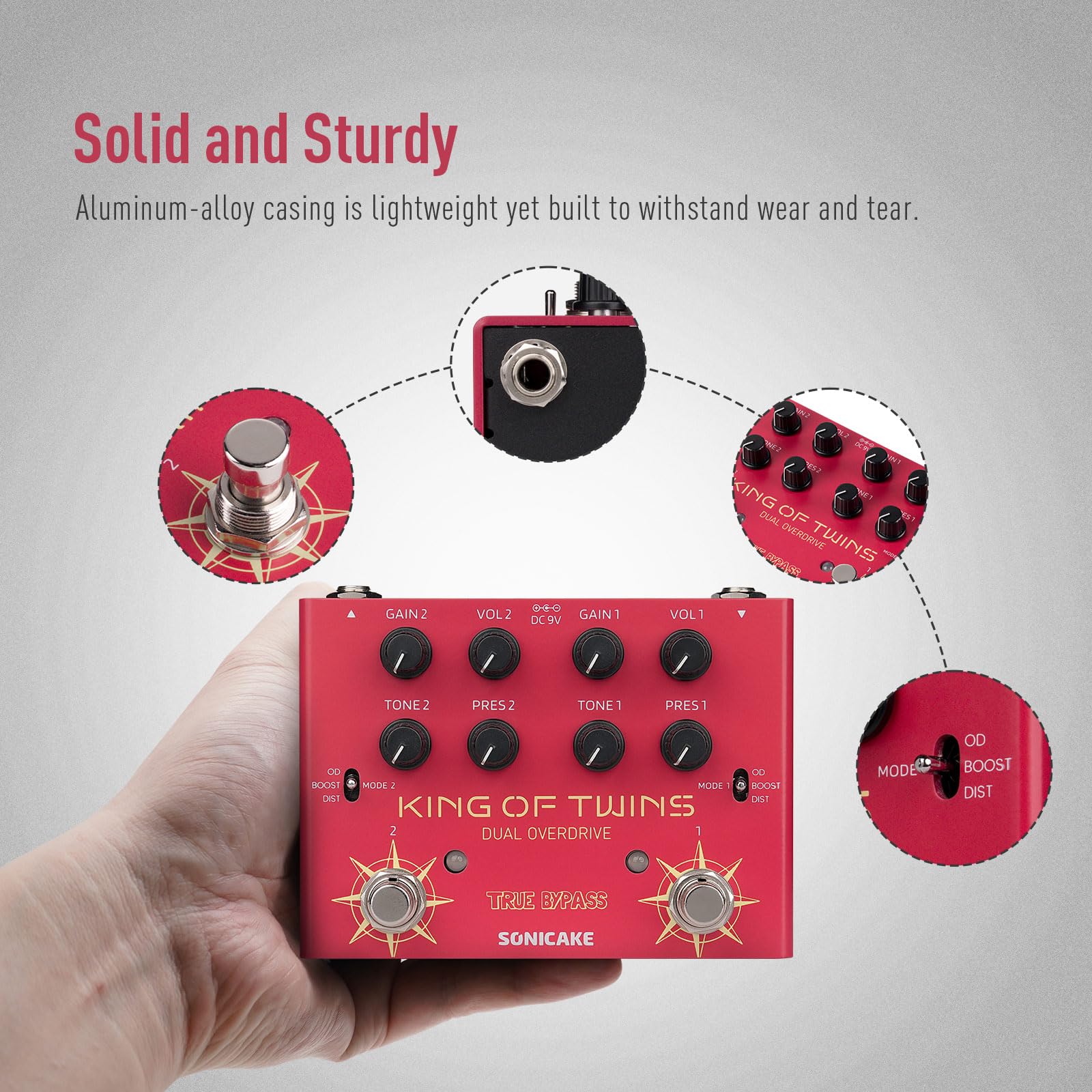 SONICAKE Overdrive Guitar Pedal, Dual Channel 3 Mode – King of Twins QDS-08