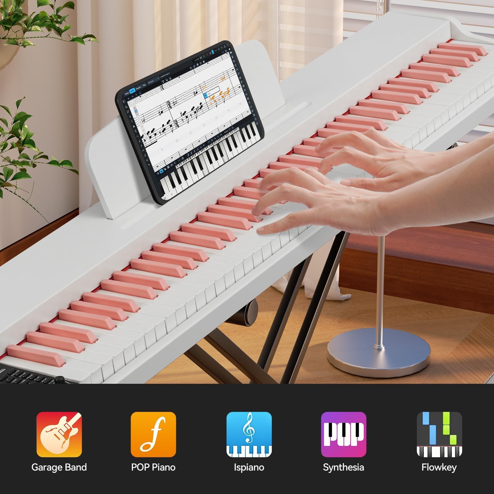 ZHRUNS Digital Piano 88 Key Weighted, Full Size Keyboard Piano Set with Sheet Music Stand,Pedal,Power Adapter, for Beginners,White Pink (Keyboard Only)