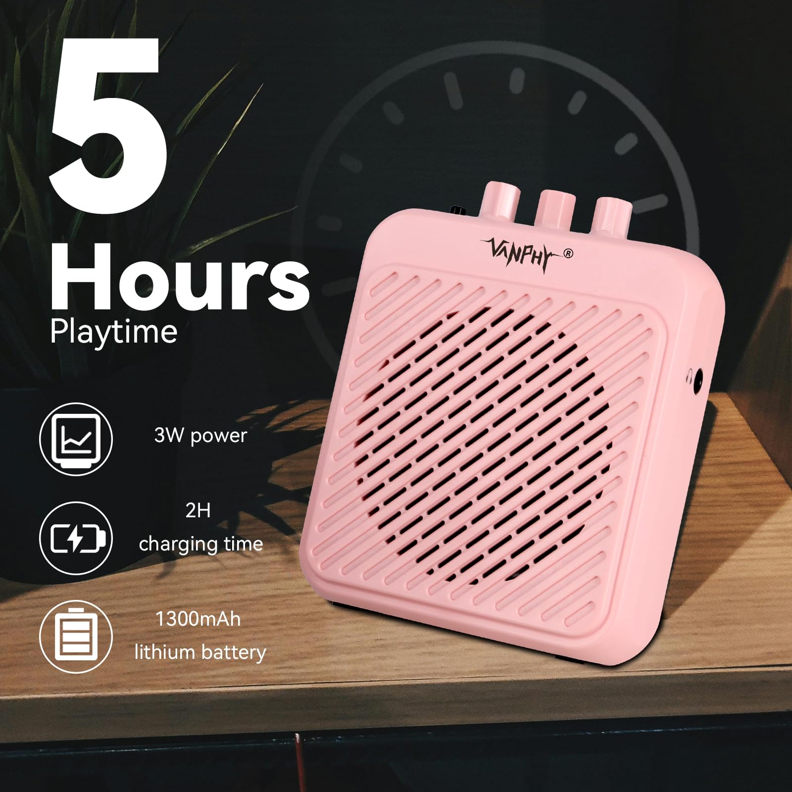 VANPHY Mini Electric Guitar Amplifier 3W Rechargeable Bluetooth Guitar Amp with Clean Overdrive Channel 5H Working Portable Small Amp for Indoor Practice and Traveling AG-03N Pink