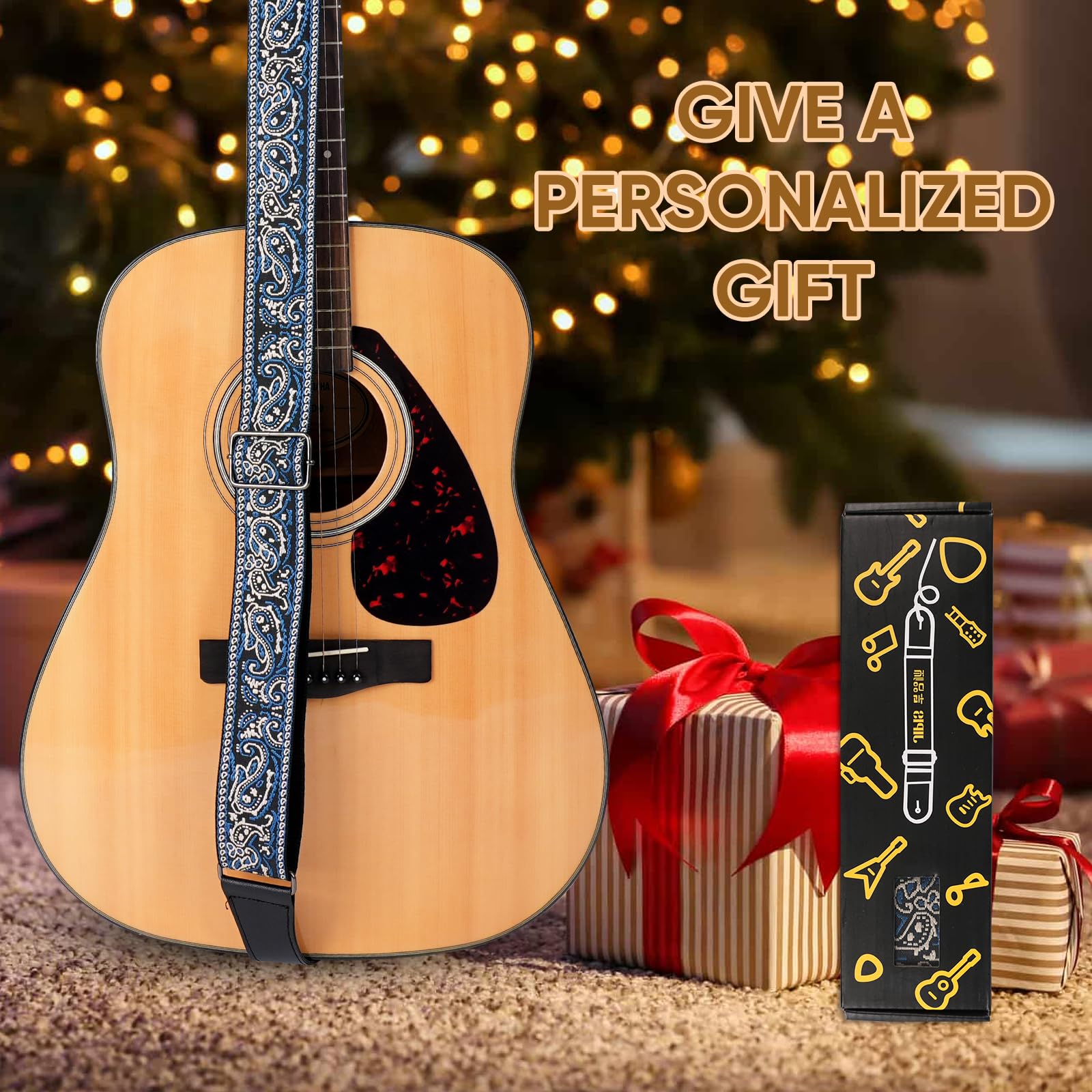 JIPIS Guitar Strap,Jacquard Embroidered Cotton Guitar Straps with Real Leather Ends for Acoustic Guitars (GS-08-2 Blue Grey Embroidery)