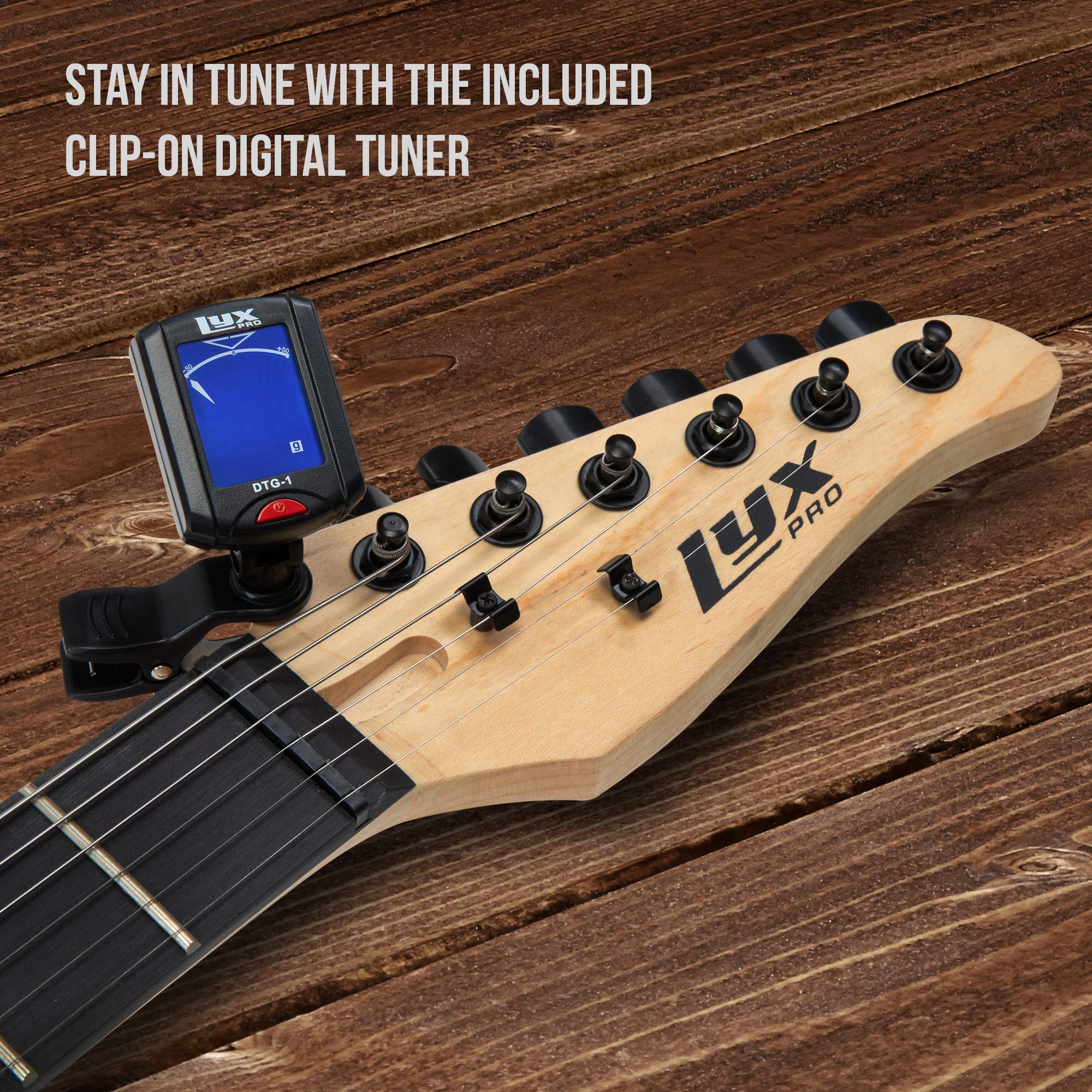 LyxPro 30 Inch Electric Guitar and Starter Kit for Kids with 3/4 Size Beginner’s Guitar, Amp, Six Strings, Two Picks, Shoulder Strap, Digital Clip On Tuner, Guitar Cable and Soft Case Gig Bag – Green