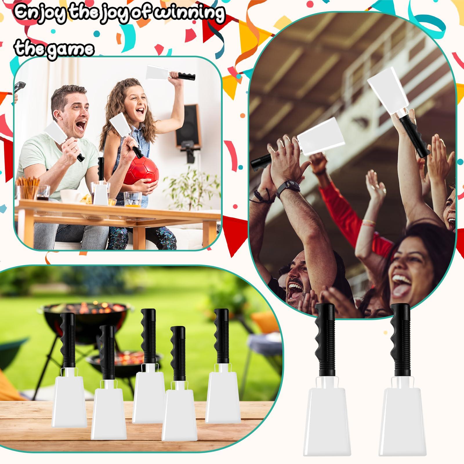 9 Inch White Cow Bell Noise Makers with Handle Black Steel Cowbell for Sporting Events Cheering Graduation Decor Football Games Party (White)