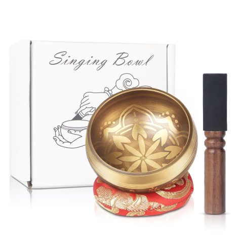 Kmise Tibetan Singing Bowls Set- Handmade in Nepal Meditation Sound Bowls for Yoga, Meditation, Mindfulness, Healing and Chakra Balancing, Stress Relief (3.5′, Gold Flower)