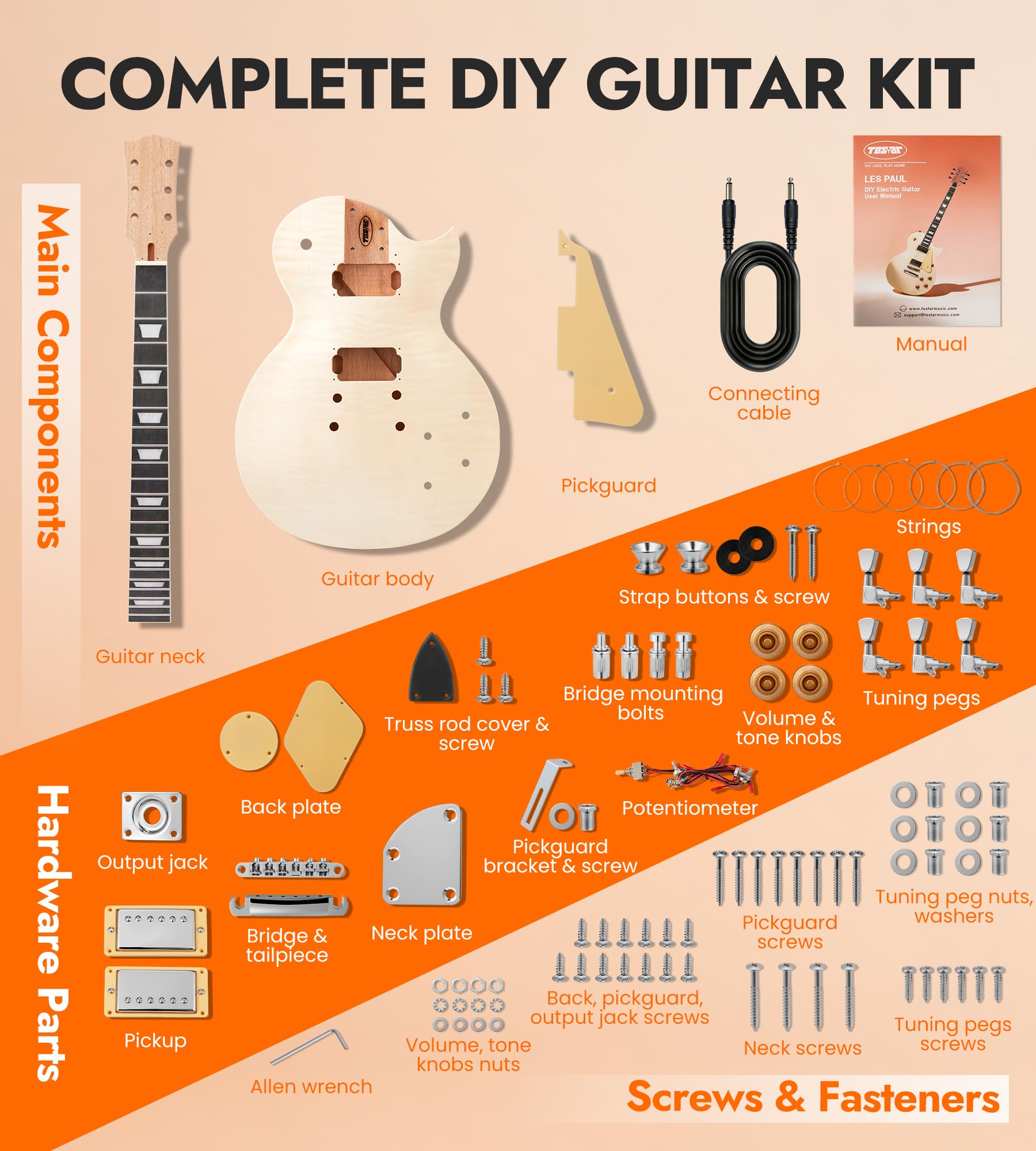 Tostar DIY Electric Guitar Kit, Solderless, Multi Sanded Polished Body, LP