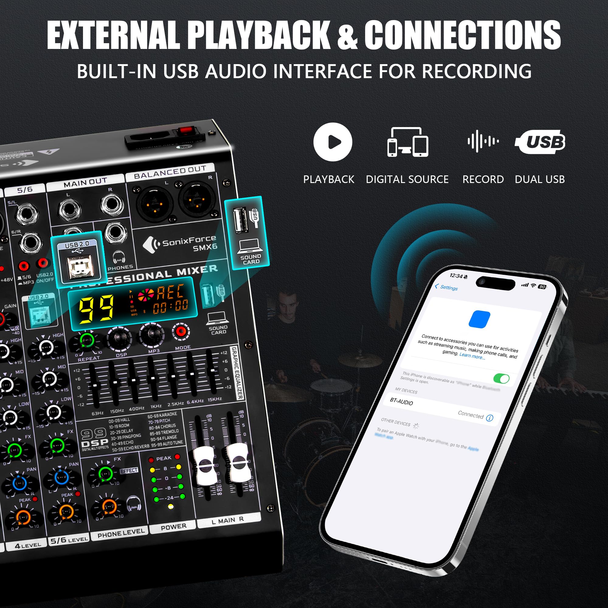 SonixForce 6 Channel DJ Audio Mixer, Professional Sound Board Console