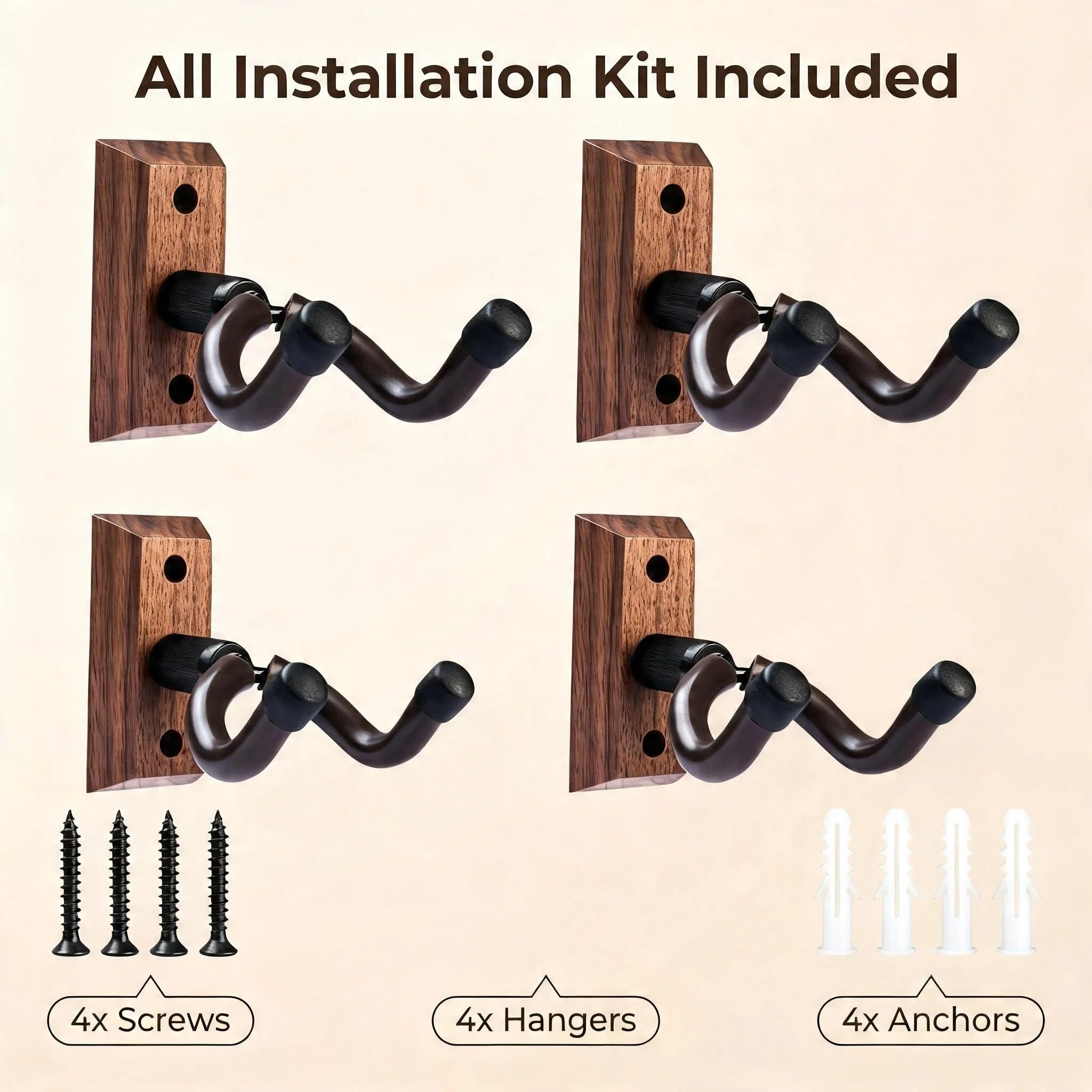 CC CAIHONG Guitar Wall Mount Hanger 4 Pack, Hardwood Guitar Wall Hangers Hooks Holder Stand Display with Screws – Easy to Install – Fits Guitars, Bass, Mandolin, Banjo