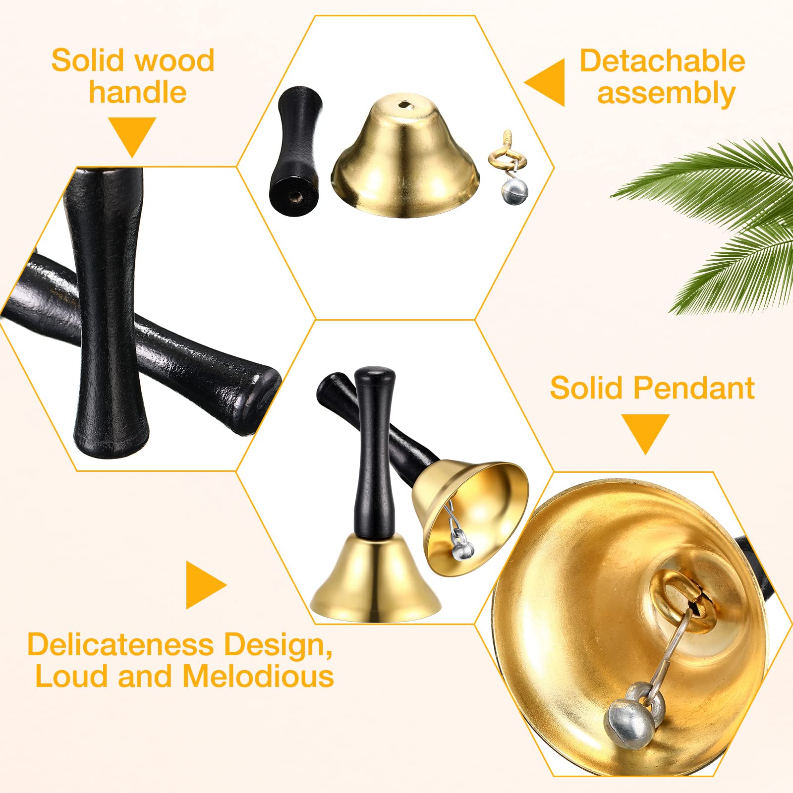 Yeshone 50 Pcs Small Hand Bells with Plastic Handle, Linear Brushed, Gold