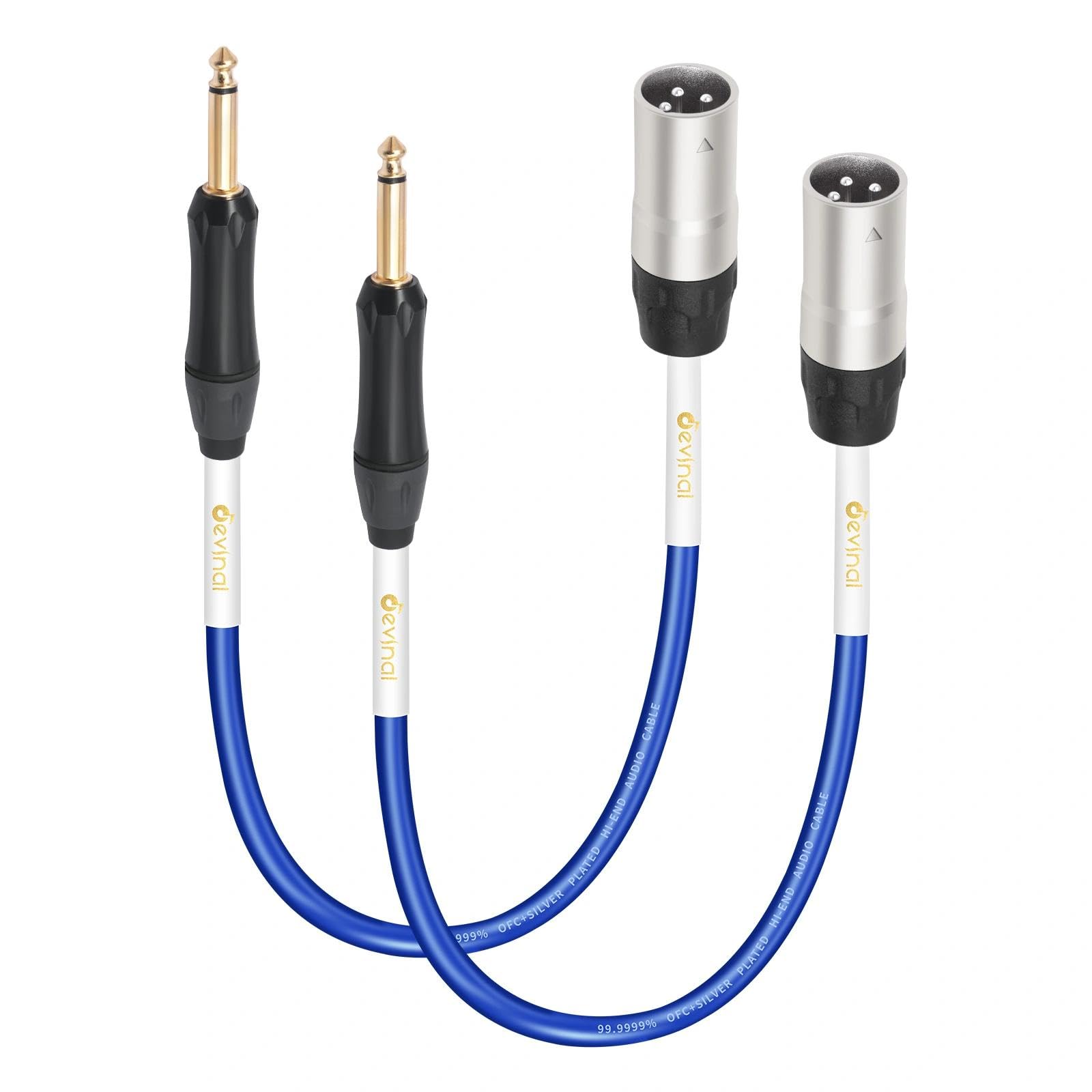 Devinal [20 AWG Silver-Plated OFC XLR to 1/4″ TS Cable, Hi-Fi Grade Unbalanced 6.35mm Mono Quarter inch to XLR Male Interconnect Cord for Amplifiers, Instruments 1ft 2pack