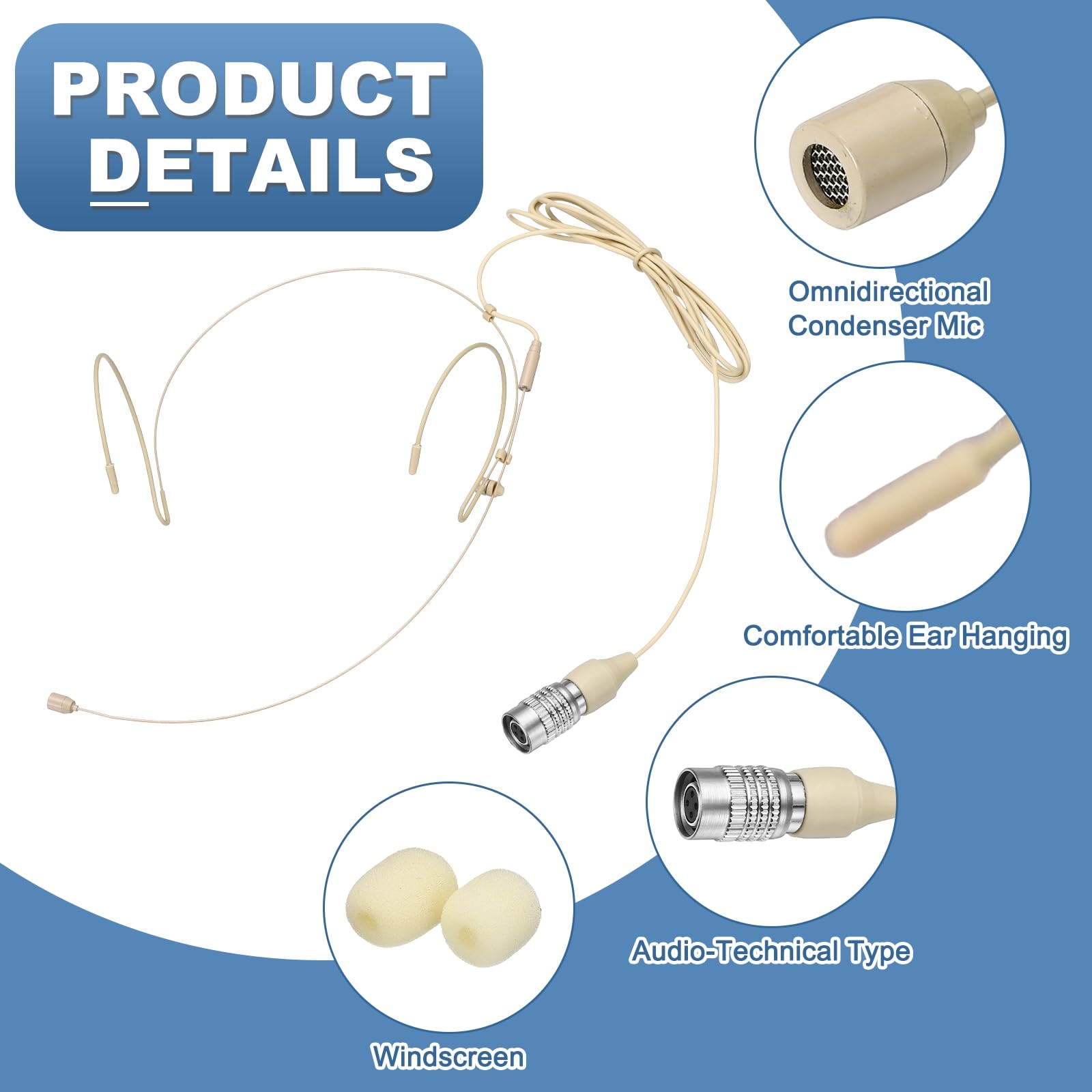 MECCANIXITY Ear Hook Headset Microphone, Double Over Ear Set Hanging Omnidirectional Wired Audio Condenser Microphone Headset with Audio Technical Type Plug 3.9ft Cable, Beige
