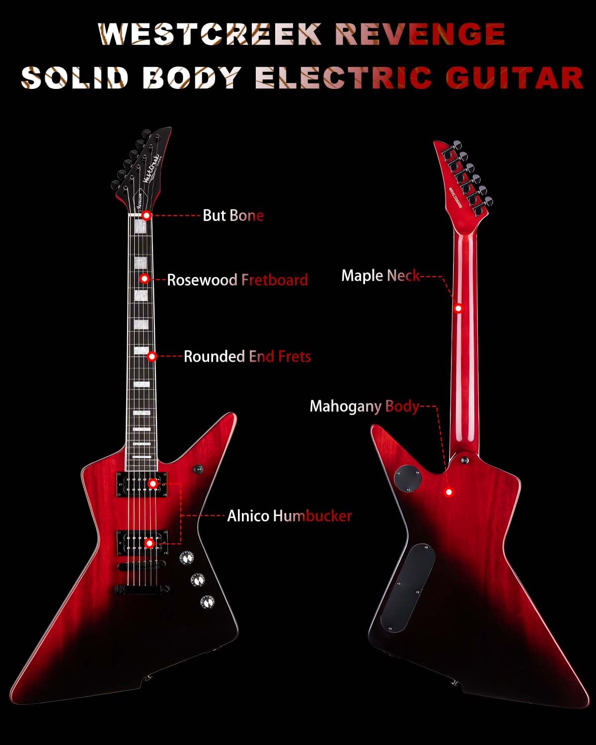 WestCreek Revenge Solid Body Electric Guitar, Heavy Metal Guitar