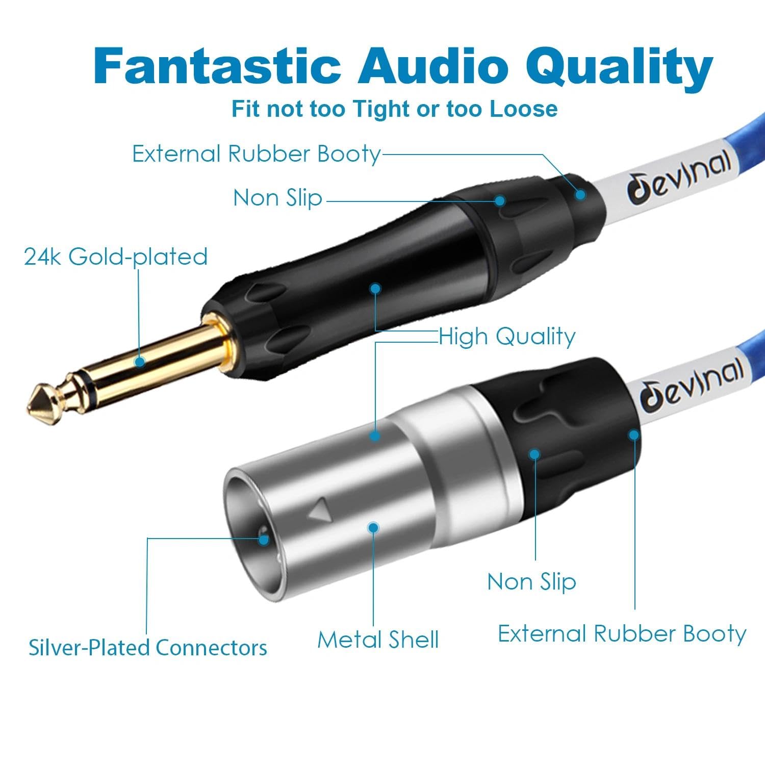 Devinal [20 AWG Silver-Plated OFC XLR to 1/4″ TS Cable, Hi-Fi Grade Unbalanced 6.35mm Mono Quarter inch to XLR Male Interconnect Cord for Amplifiers, Instruments 1ft 2pack