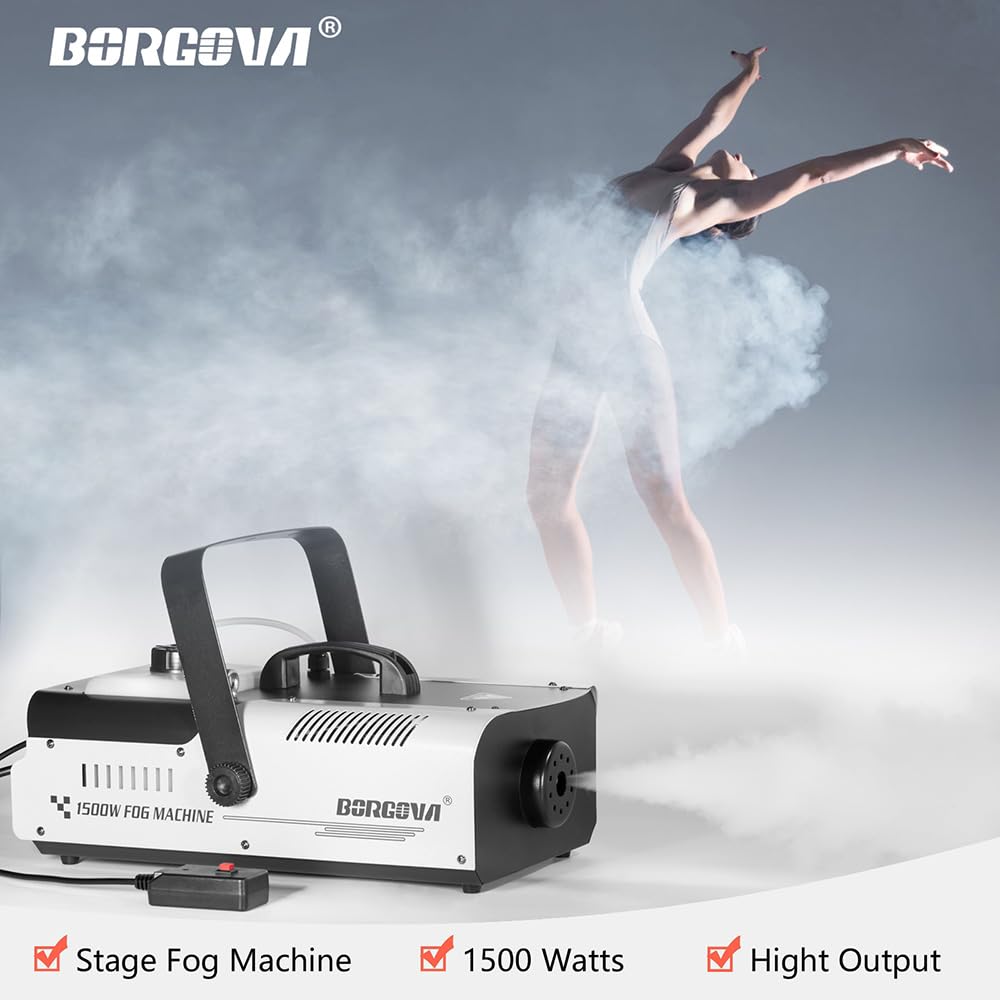 BORGOVA 1500W Fog Machine 2.2L Wireless Remote Stage Smoke Machine