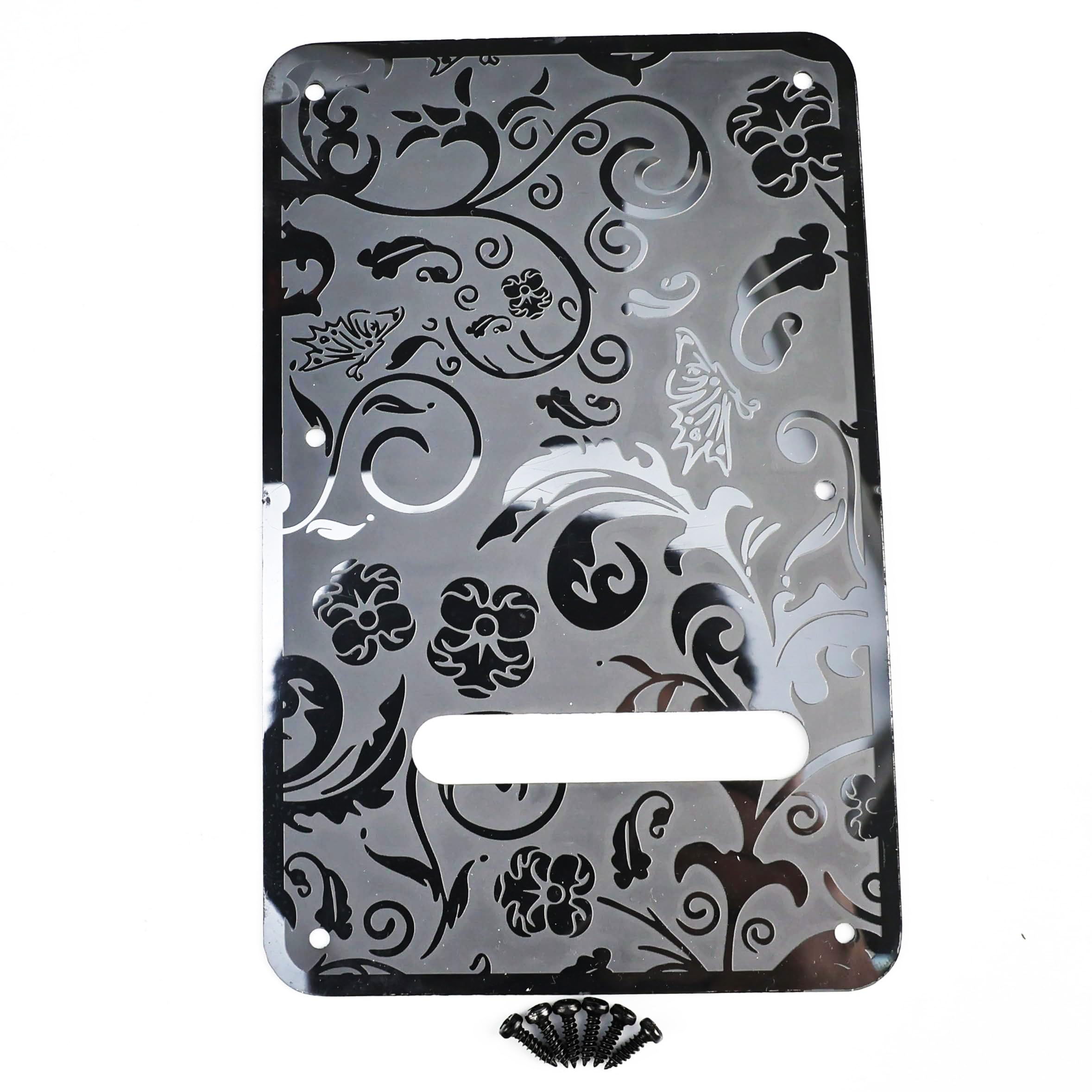 OVSAL Stainless Steel Guitar Back Plate 6 holes Engraved Metal Trem Tremolo Cover Electric Guitar Back Cover Plate Compatible with USA/Mexican Standard FD Strat ST Replacement Parts (Black)