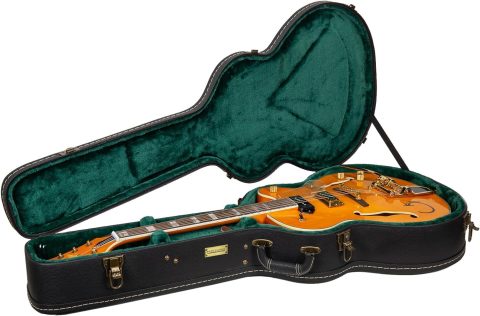 Crossrock Electric Guitar Case fits 16″ Lower Bout Hollow-body Archtop Guitars-Vintage Hardware, Sponge Lining, Metal Feet, Storage Space-Black (CRW520JA16BK)