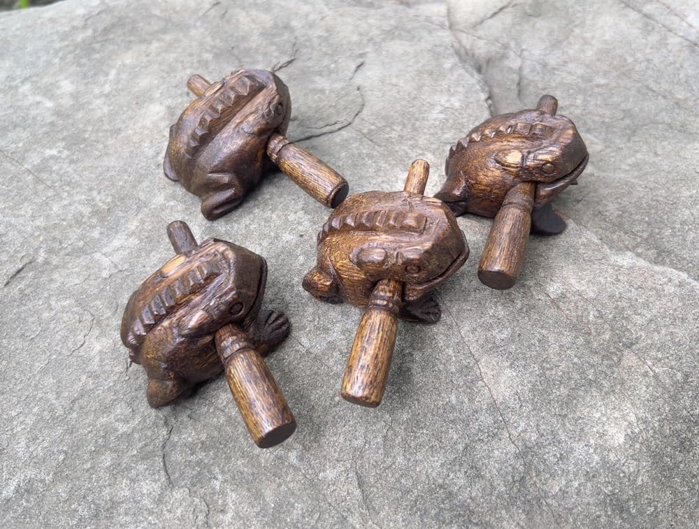 2.75 Inch Dark Brown Wooden Frog Guiro Percussion Instrument with Scraper Stick, Hand Carved Wood Frog Noise Maker for Music Education, Classroom, Meditation.
