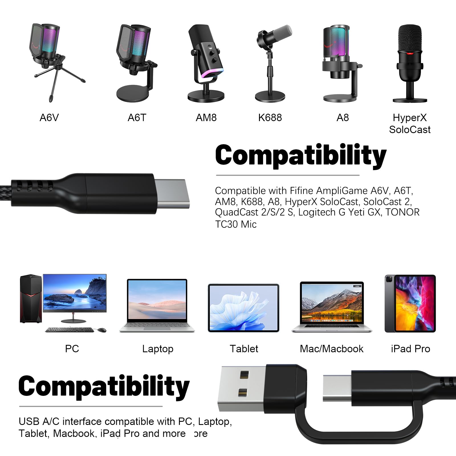 USB A/C to Type C Microphone Cable Cord Compatible with Fifine AmpliGame A6V/ A6T/ AM8/ K688/ A8, HyperX SoloCast, QuadCast 2/S/2 S, Logitech G Yeti GX, TONOR TC30, Elgato Wave 3, Wave Neo Mic (6.6FT)